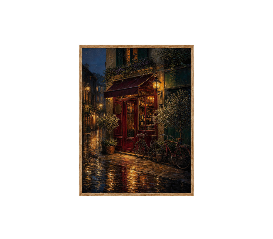 Rainy Red Awning Bistro poster print preview by Seji Art