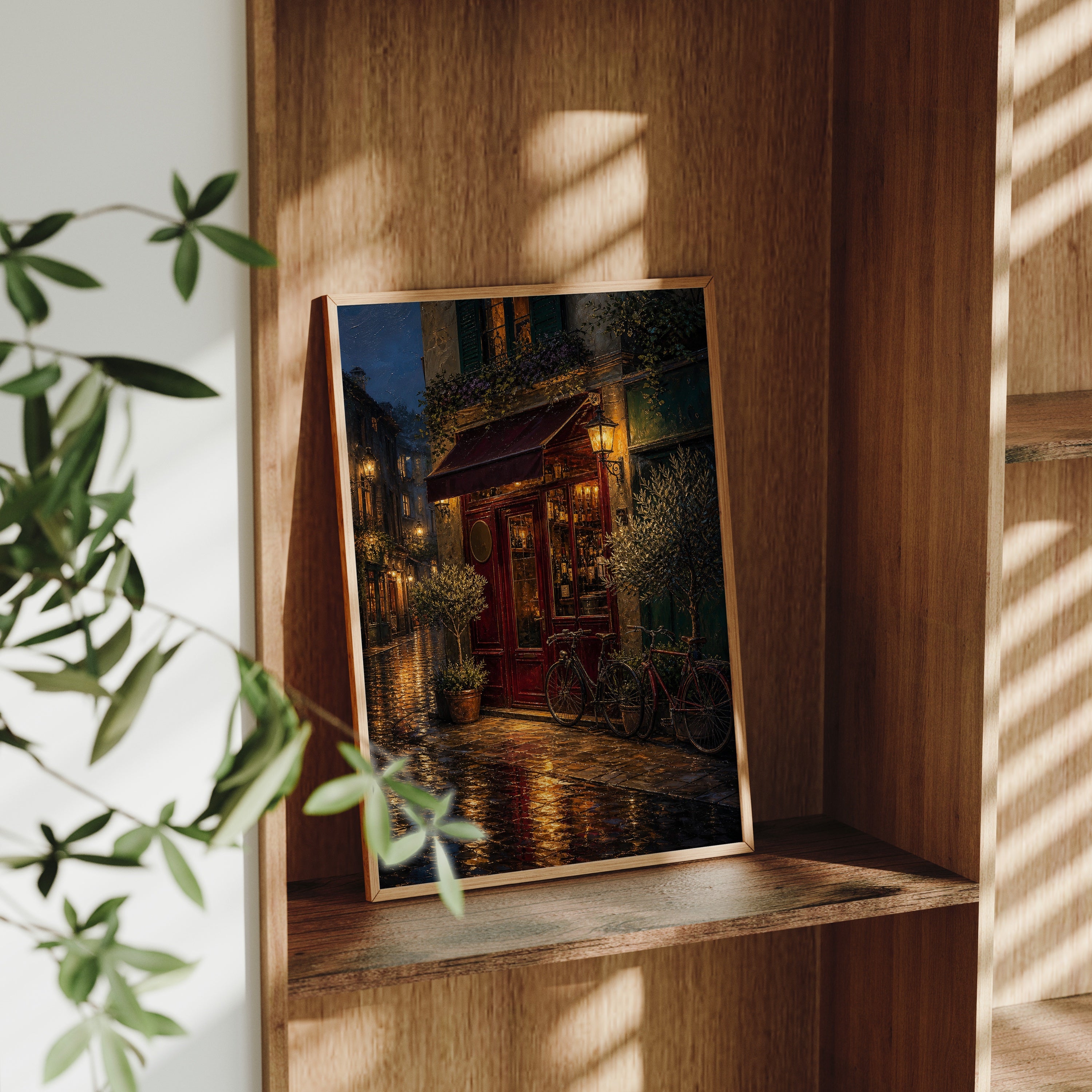 Rainy Red Awning Bistro poster gallery shelf mockup by Seji Art