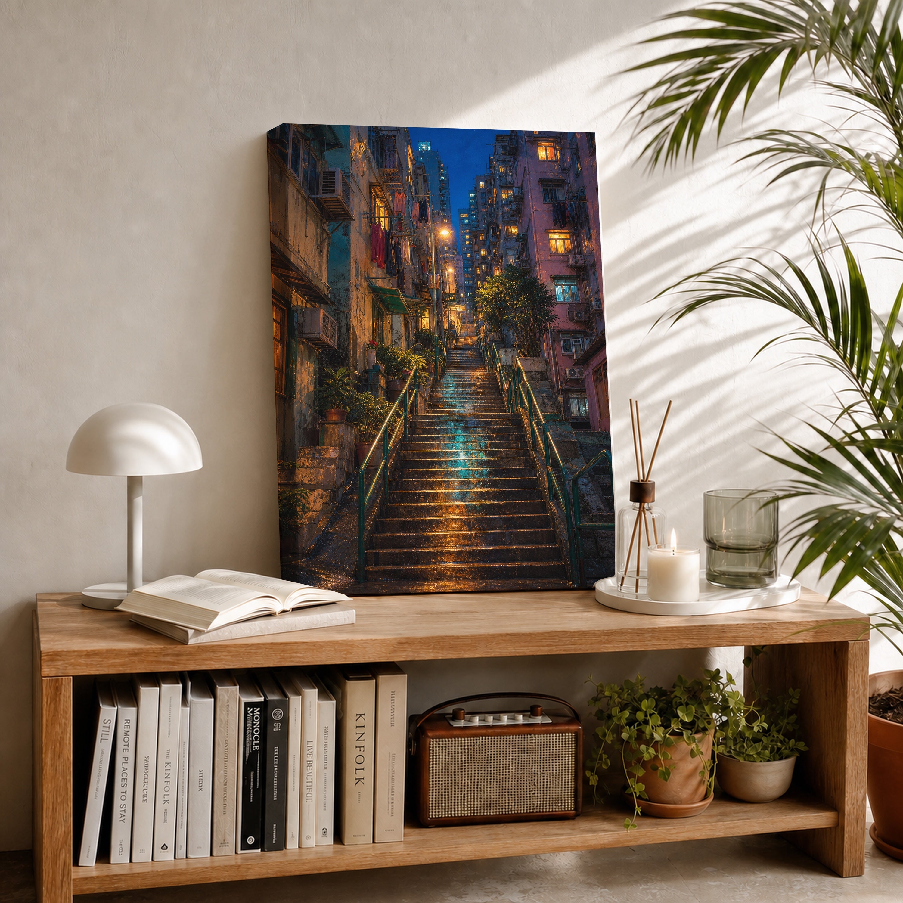 Rainy Stone Stairway Night canvas room mockup by Seji Art