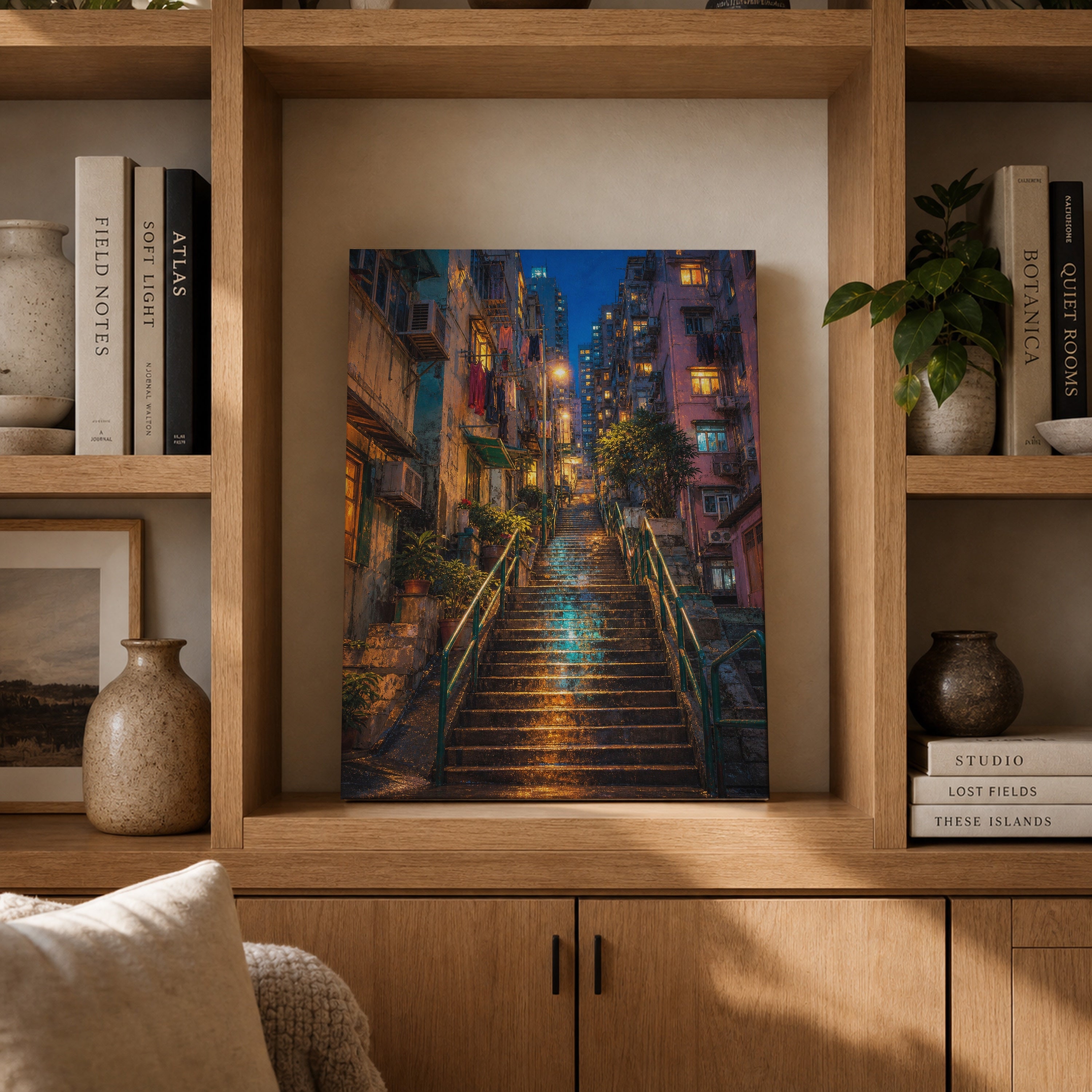 Rainy Stone Stairway Night canvas gallery shelf mockup by Seji Art
