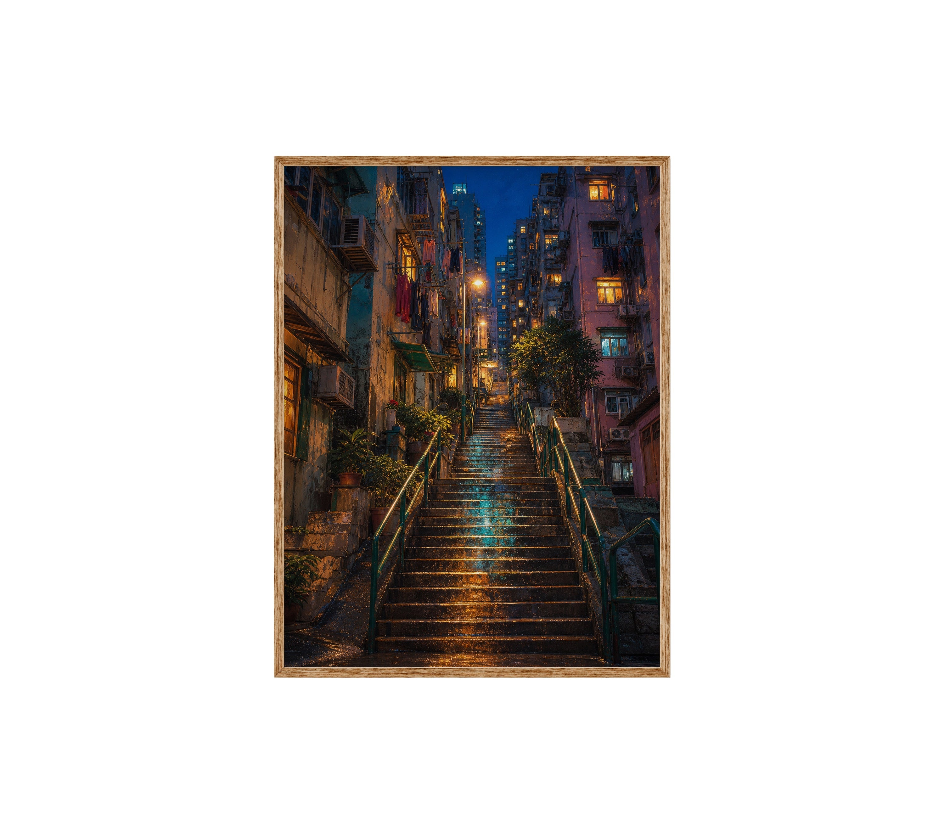Rainy Stone Stairway Night poster print preview by Seji Art