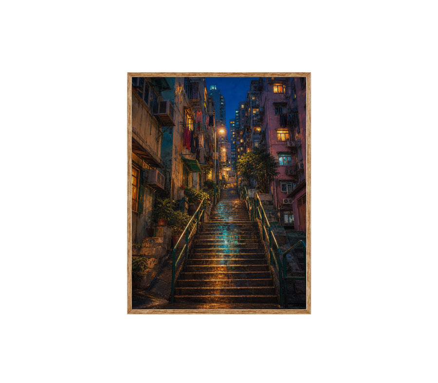 Rainy Stone Stairway Night poster print preview by Seji Art