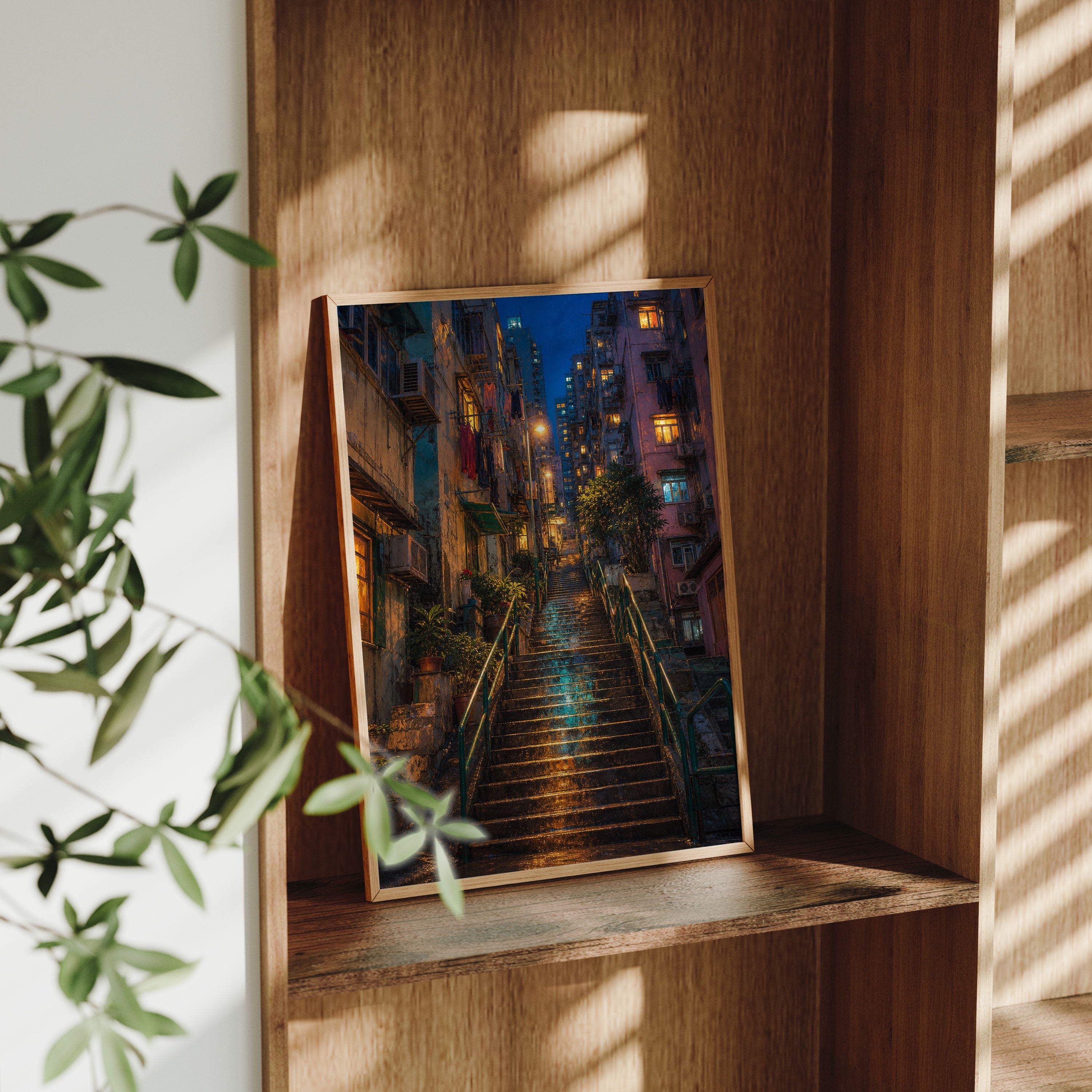 Rainy Stone Stairway Night poster gallery shelf mockup by Seji Art