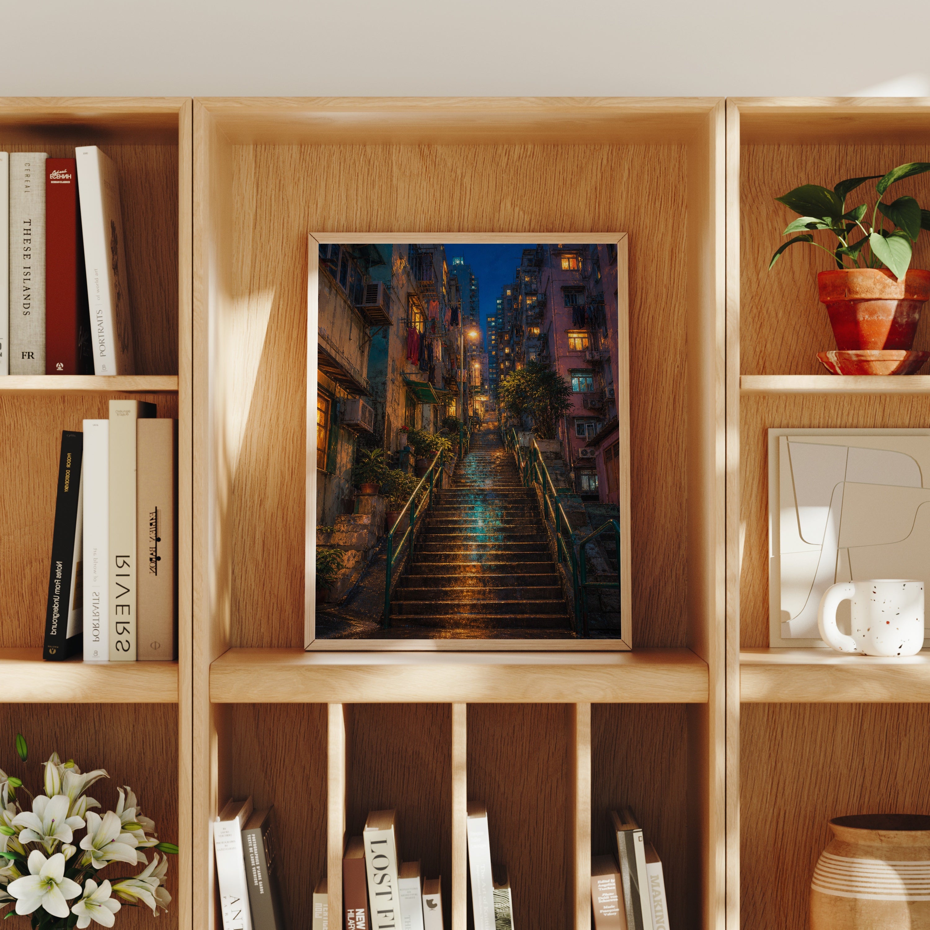 Rainy Stone Stairway Night poster home decor mockup by Seji Art
