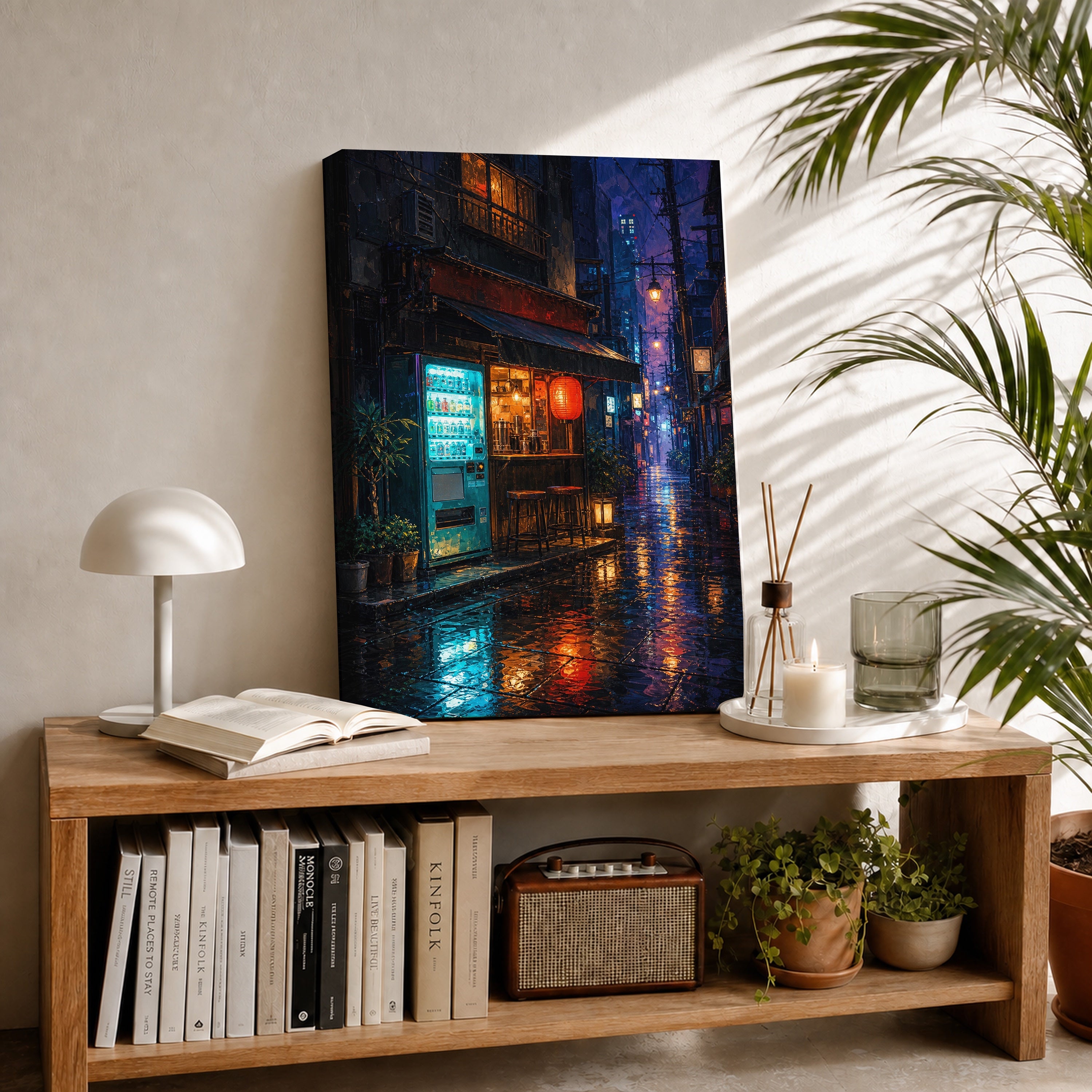 Rainy Tokyo Corner Store canvas room mockup by Seji Art