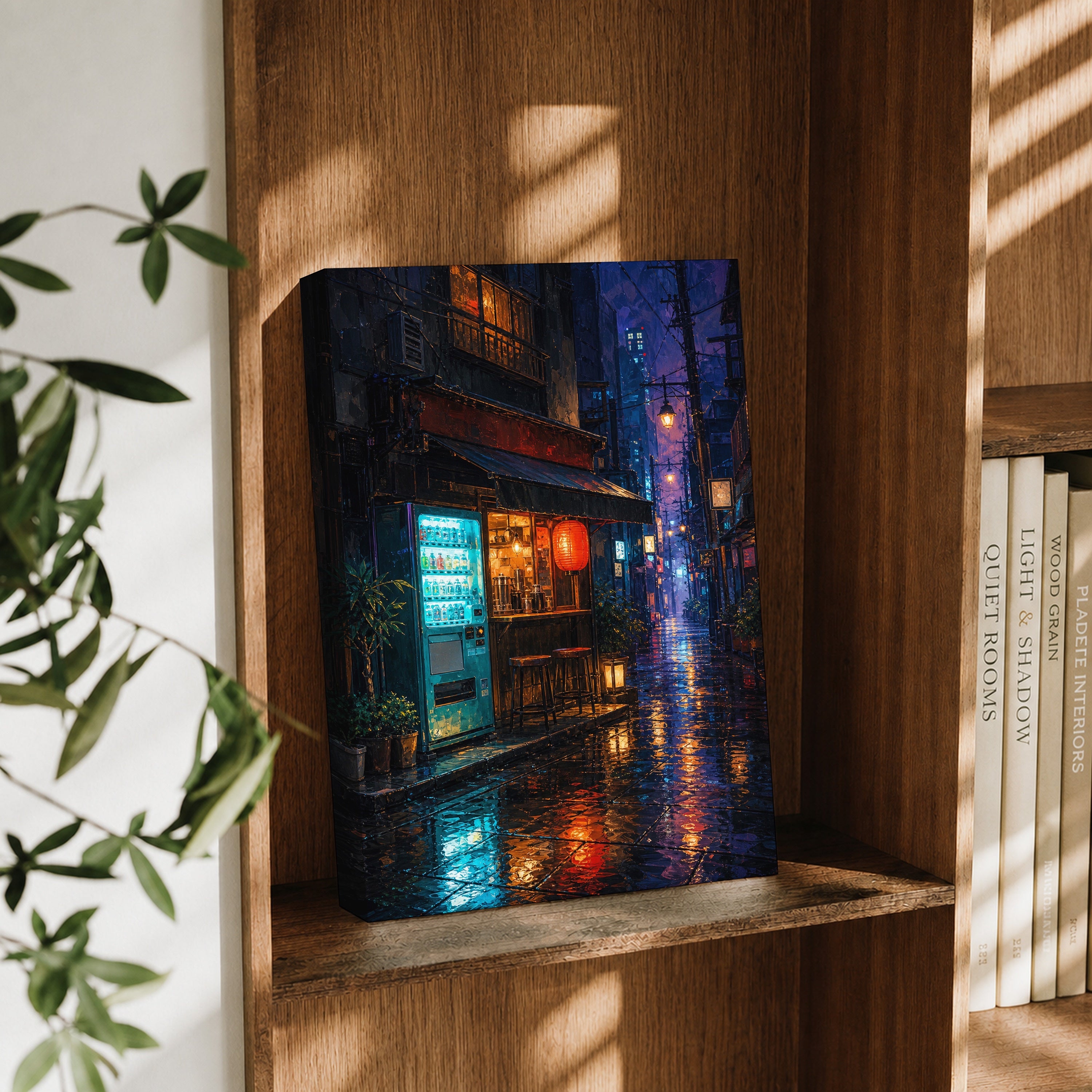 Rainy Tokyo Corner Store canvas wall art decor mockup by Seji Art
