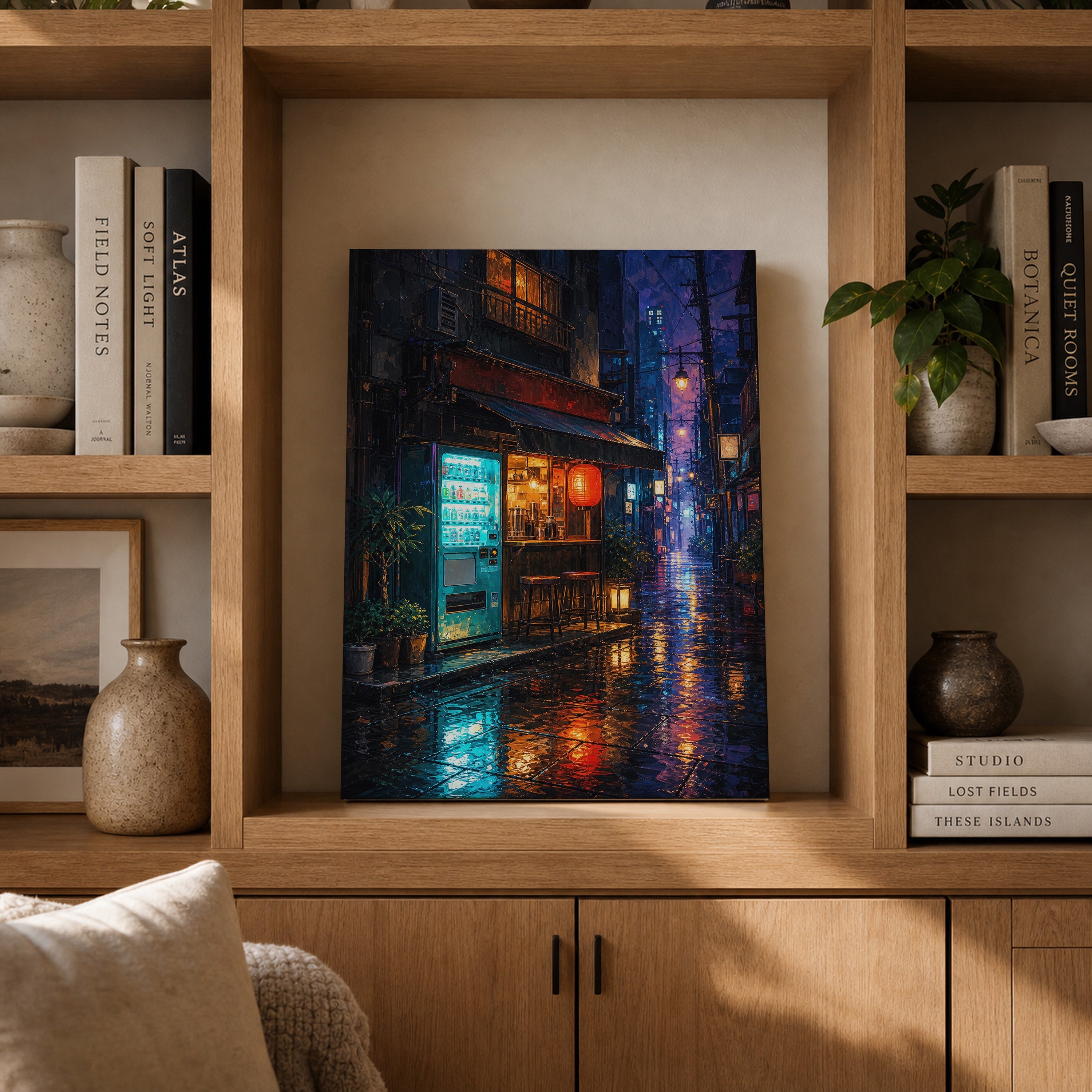 Rainy Tokyo Corner Store canvas gallery shelf mockup by Seji Art