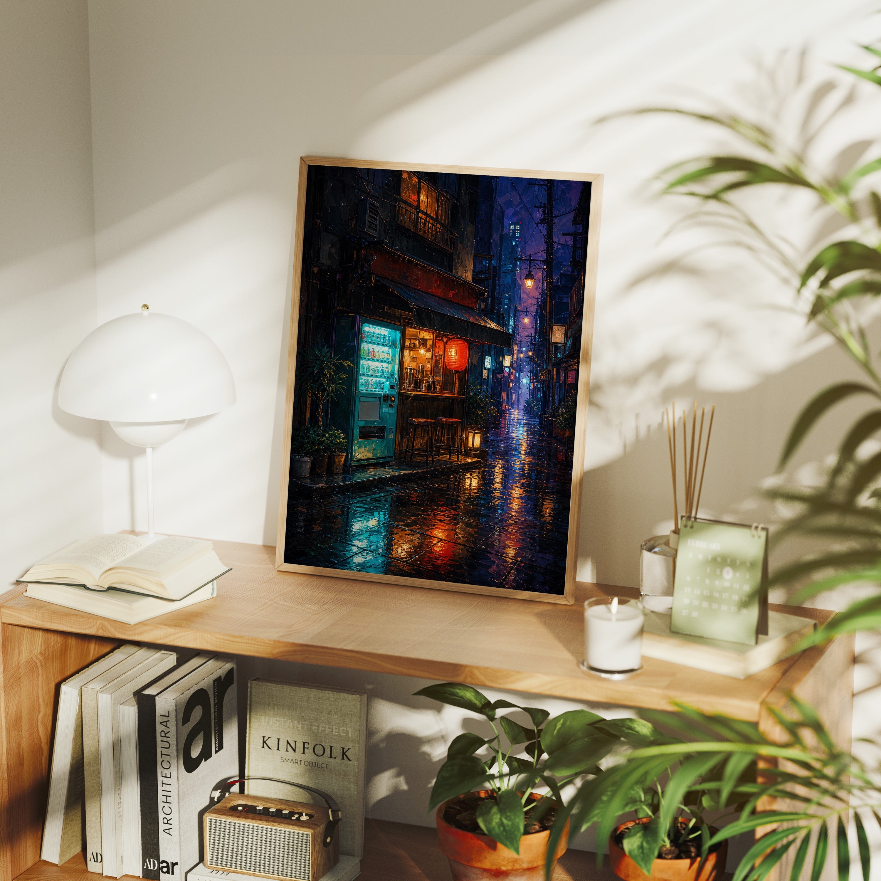 Rainy Tokyo Corner Store poster framed room mockup by Seji Art