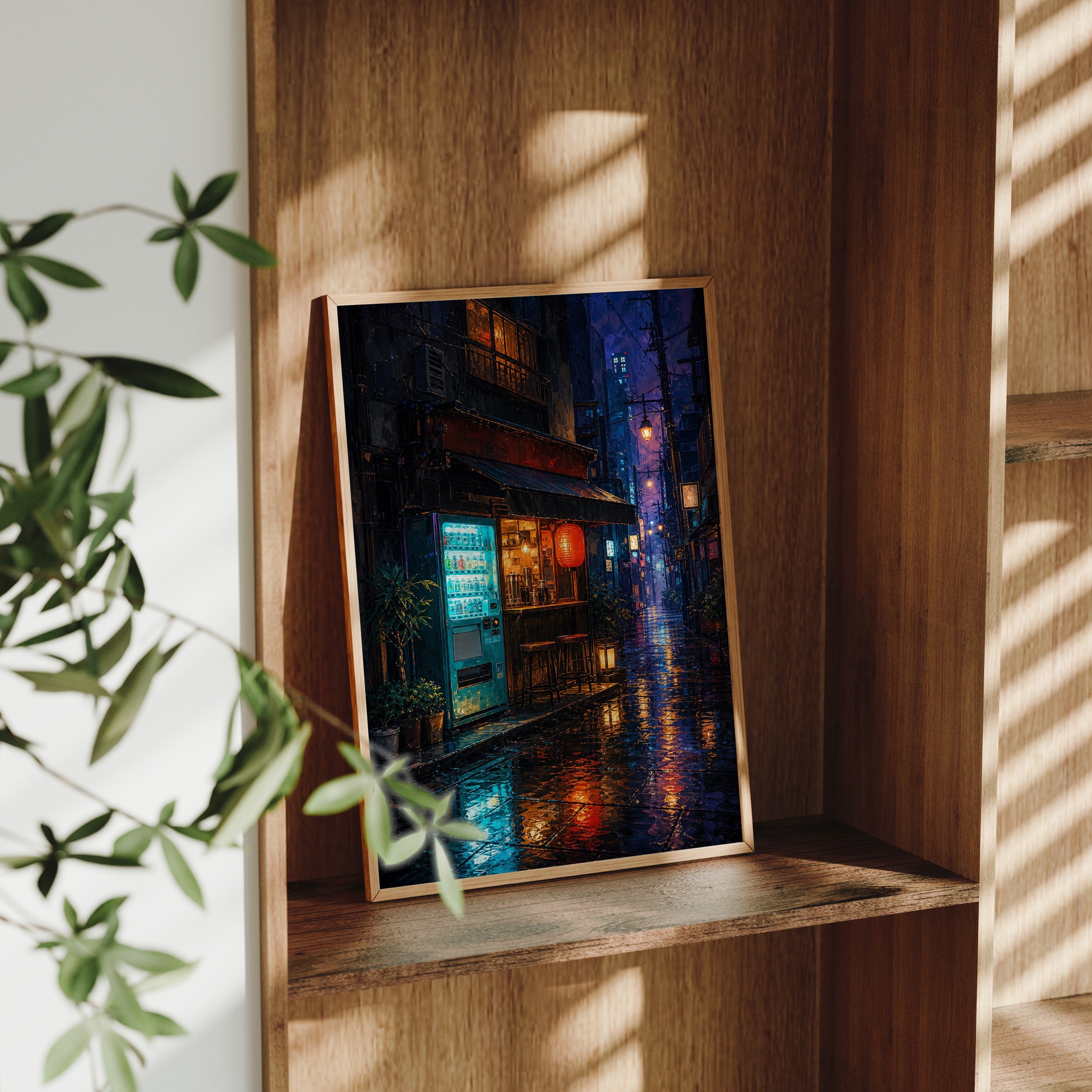 Rainy Tokyo Corner Store poster gallery shelf mockup by Seji Art