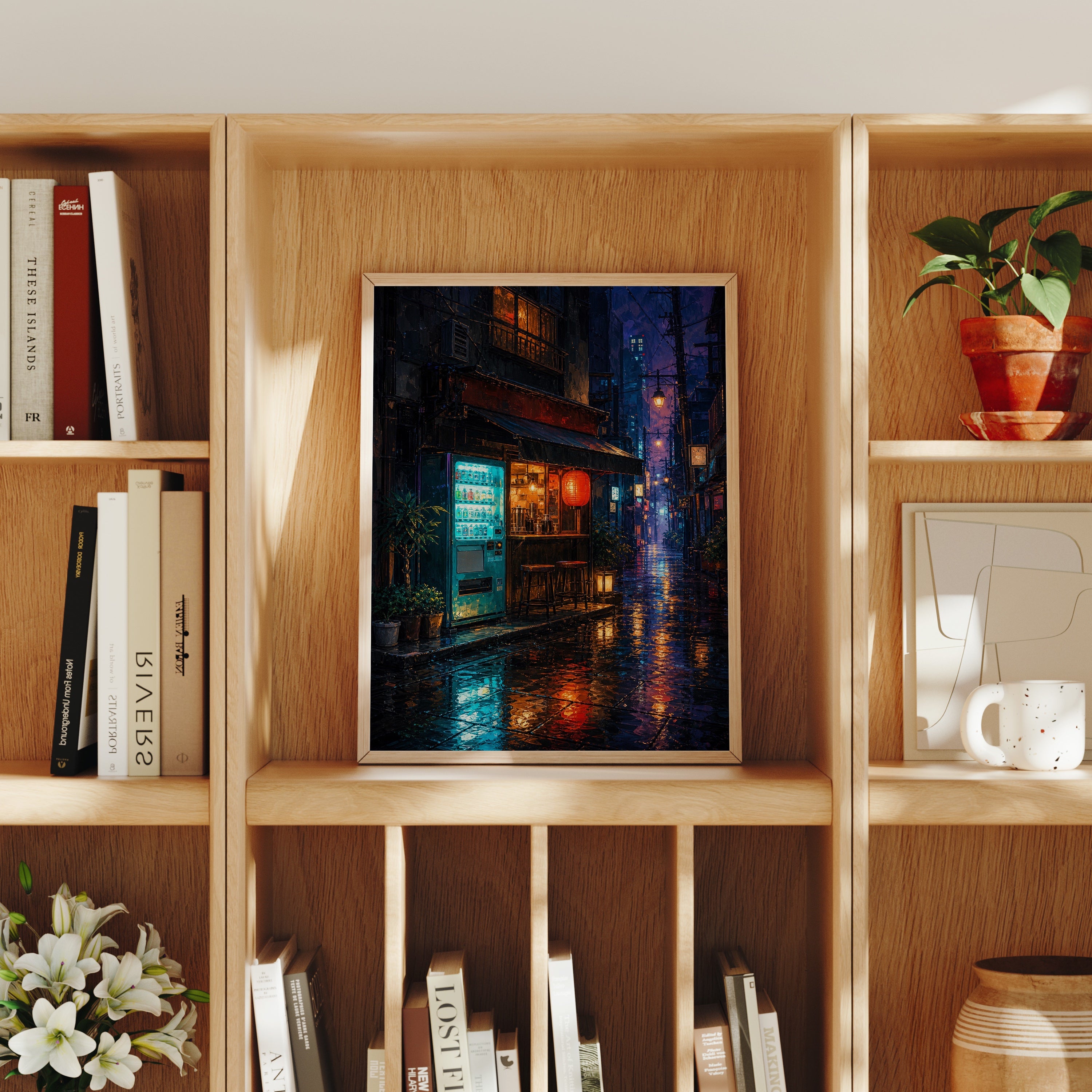 Rainy Tokyo Corner Store poster home decor mockup by Seji Art