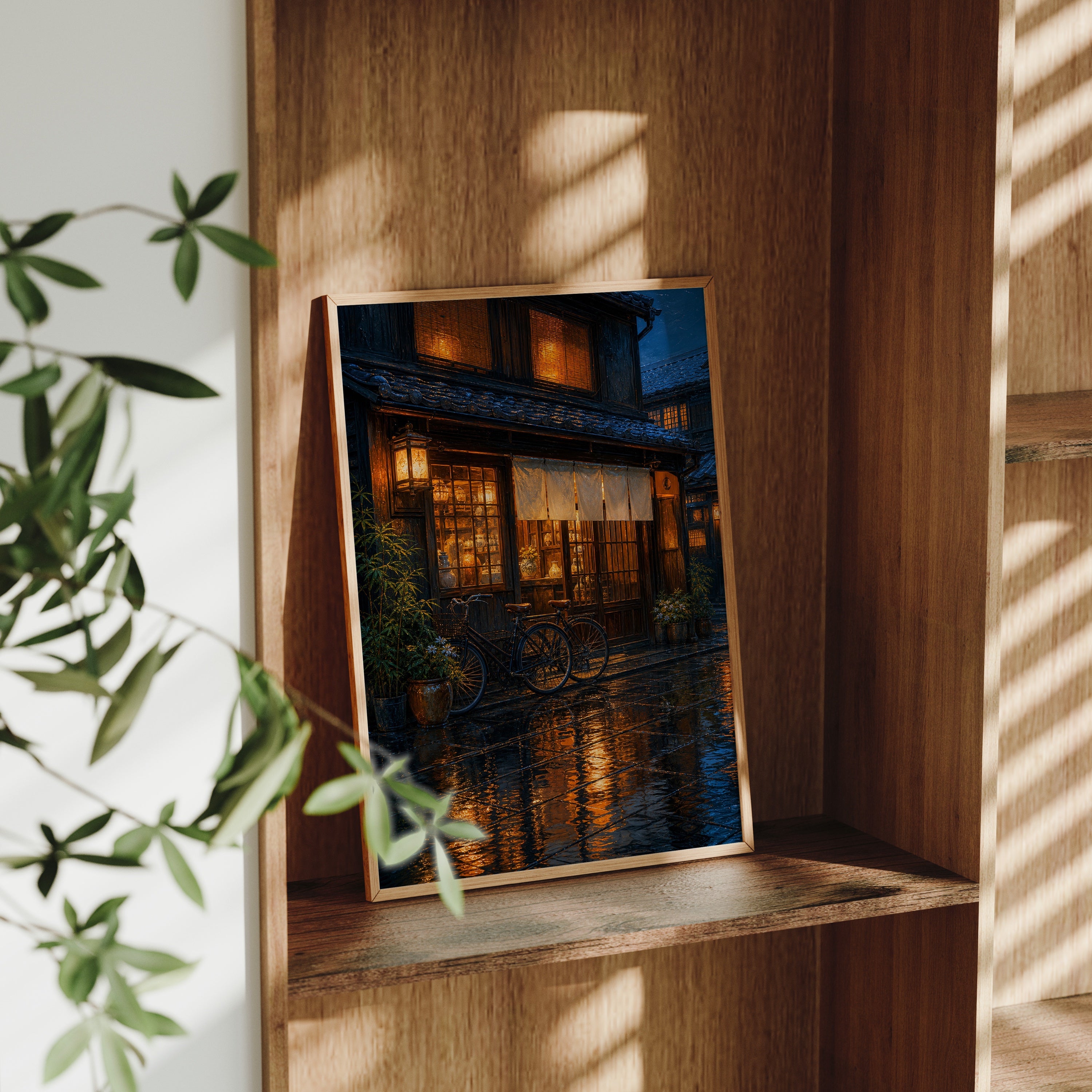 Rainy Warm Window Cafe poster gallery shelf mockup by Seji Art