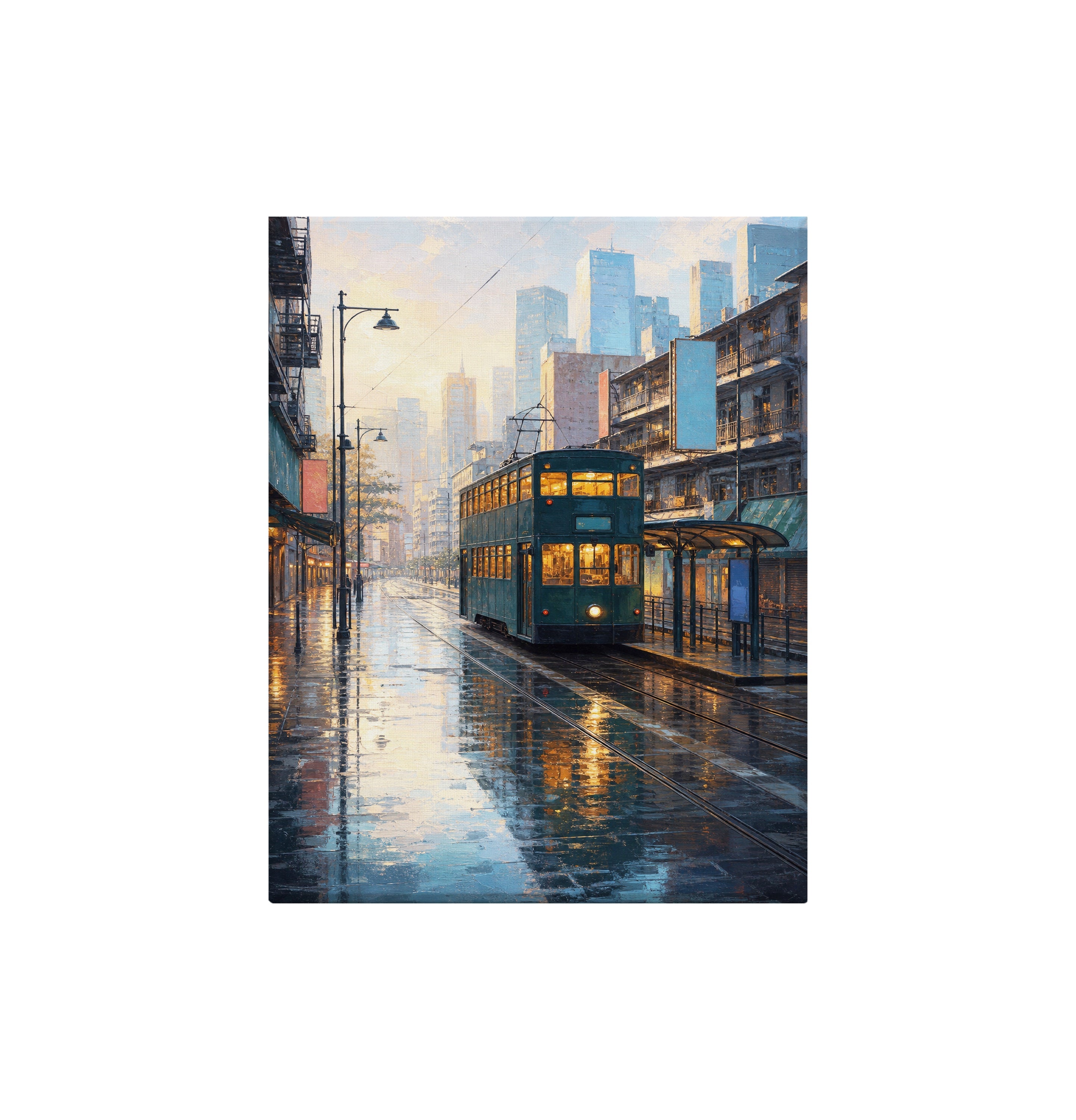 Rainy Waterfront Tram City canvas wall art preview by Seji Art