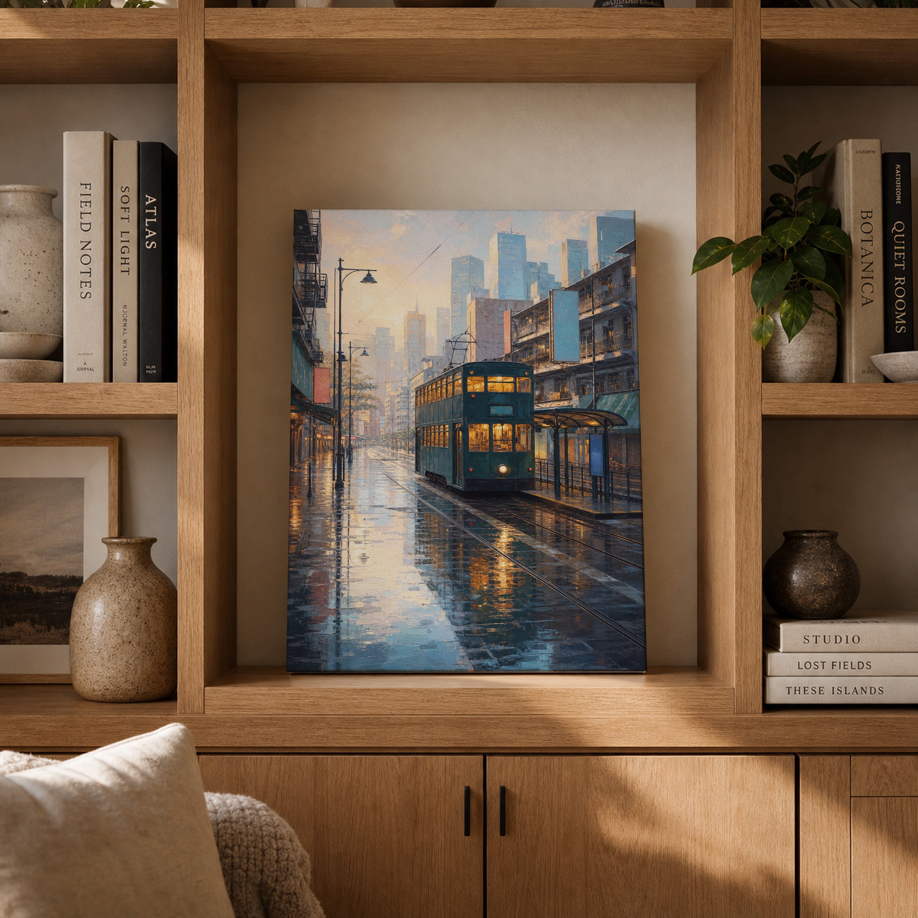 Rainy Waterfront Tram City canvas gallery shelf mockup by Seji Art
