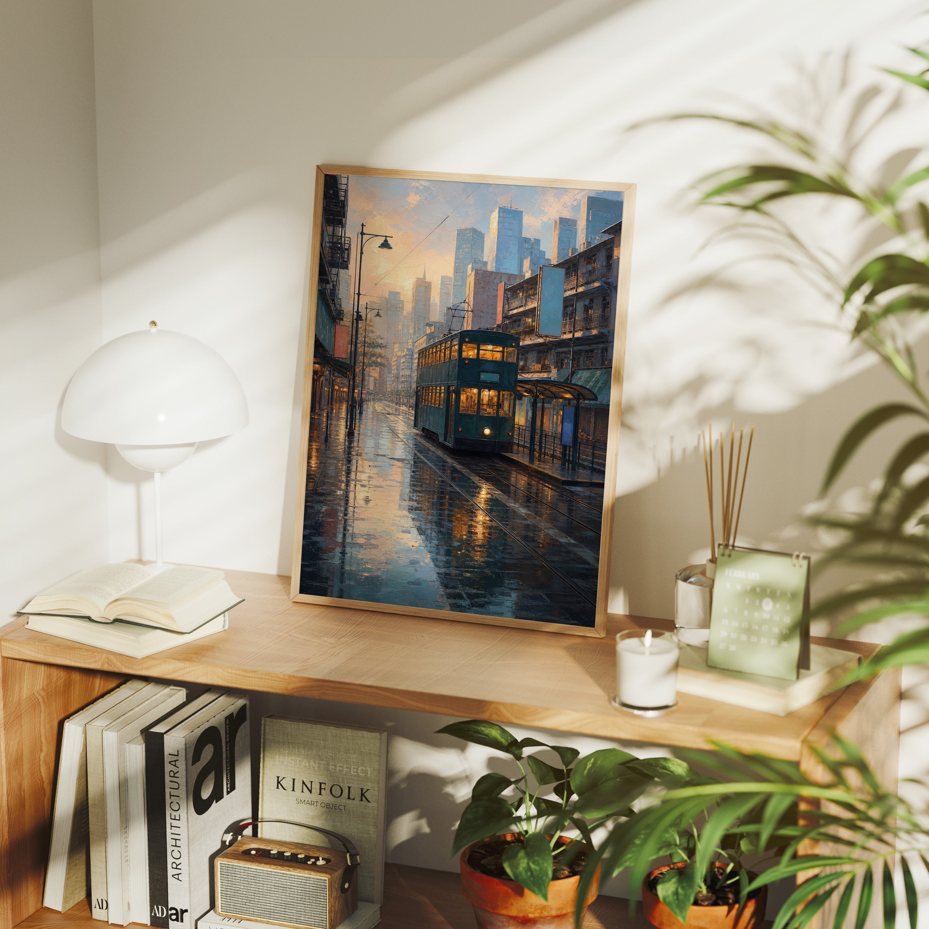 Rainy Waterfront Tram City poster framed room mockup by Seji Art