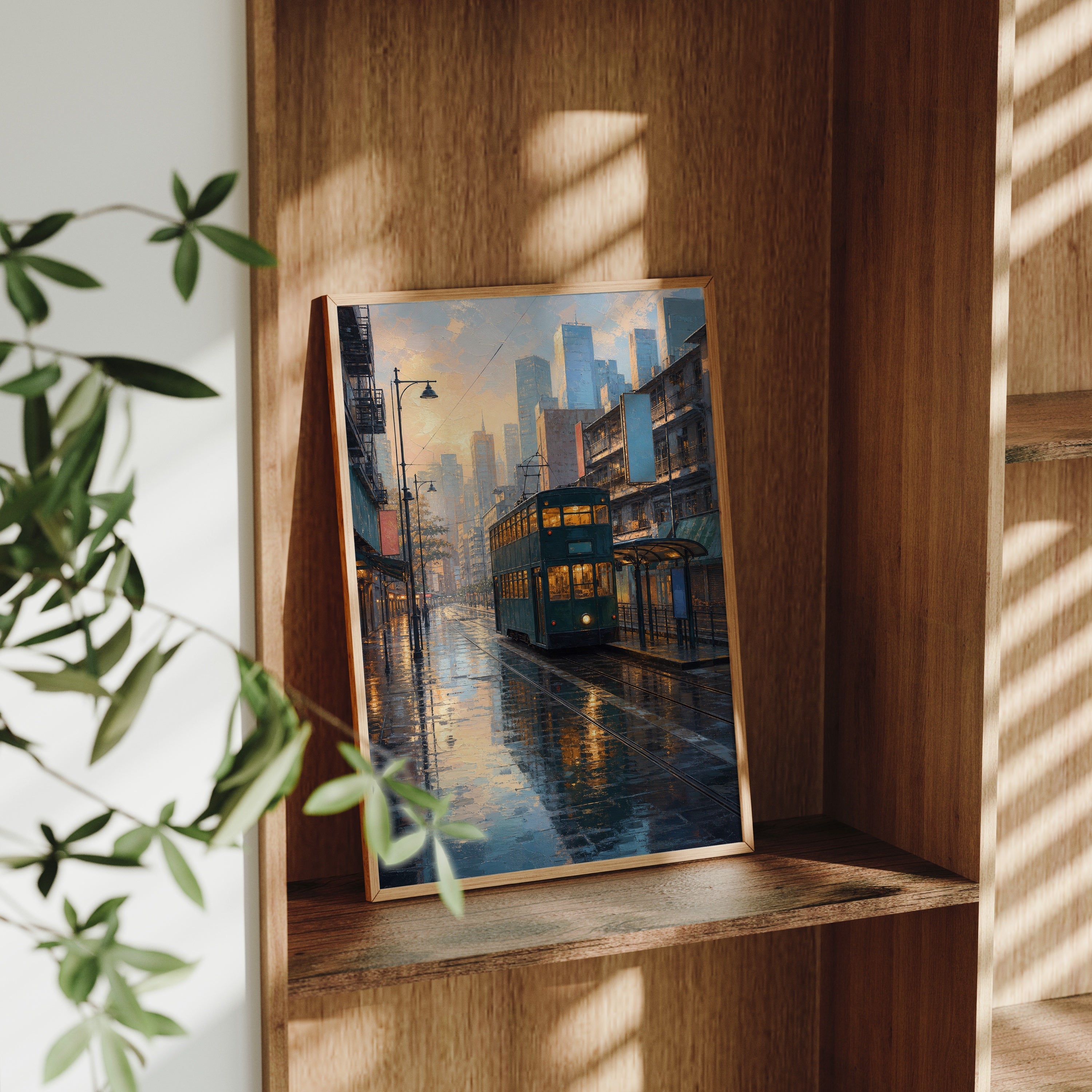Rainy Waterfront Tram City poster gallery shelf mockup by Seji Art