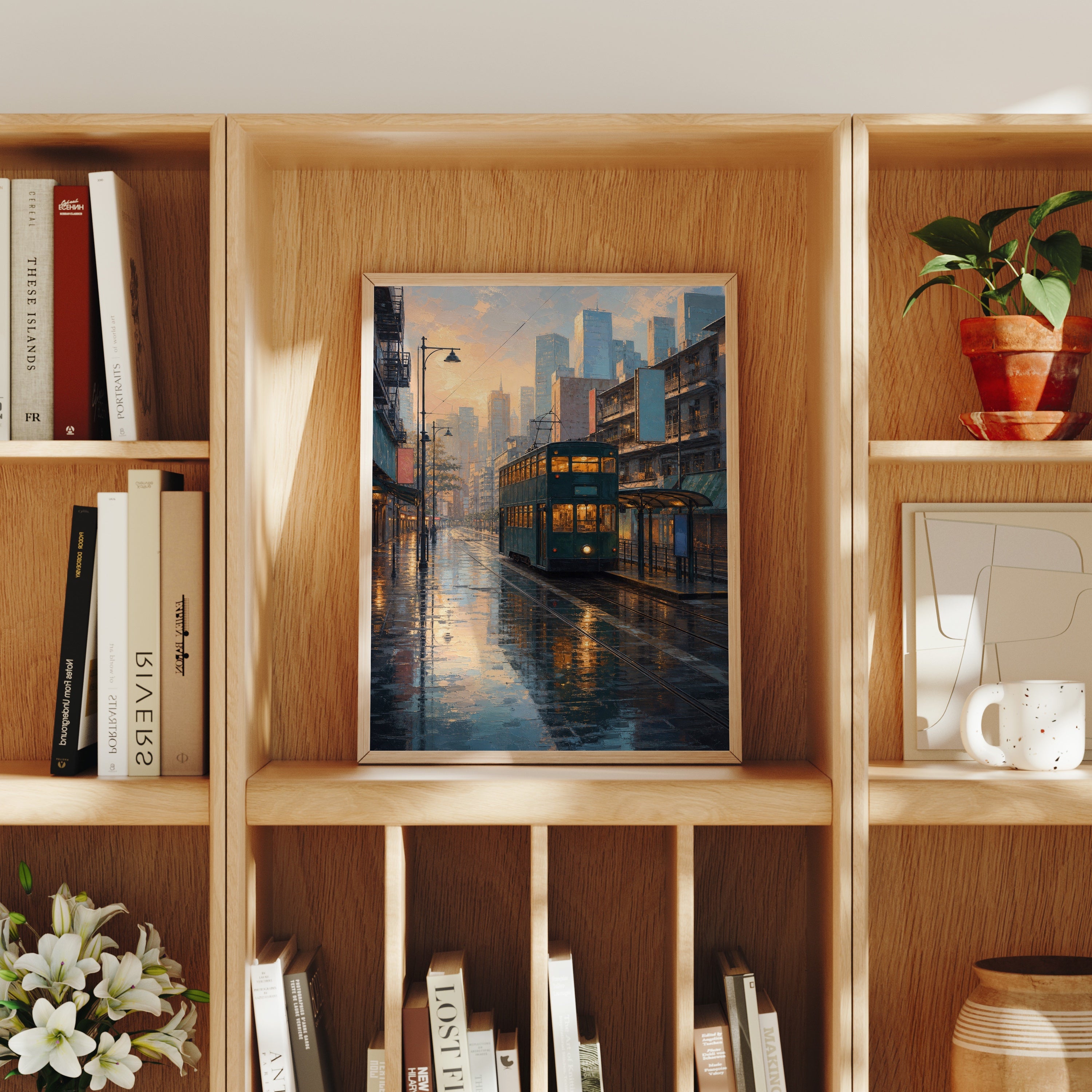 Rainy Waterfront Tram City poster home decor mockup by Seji Art