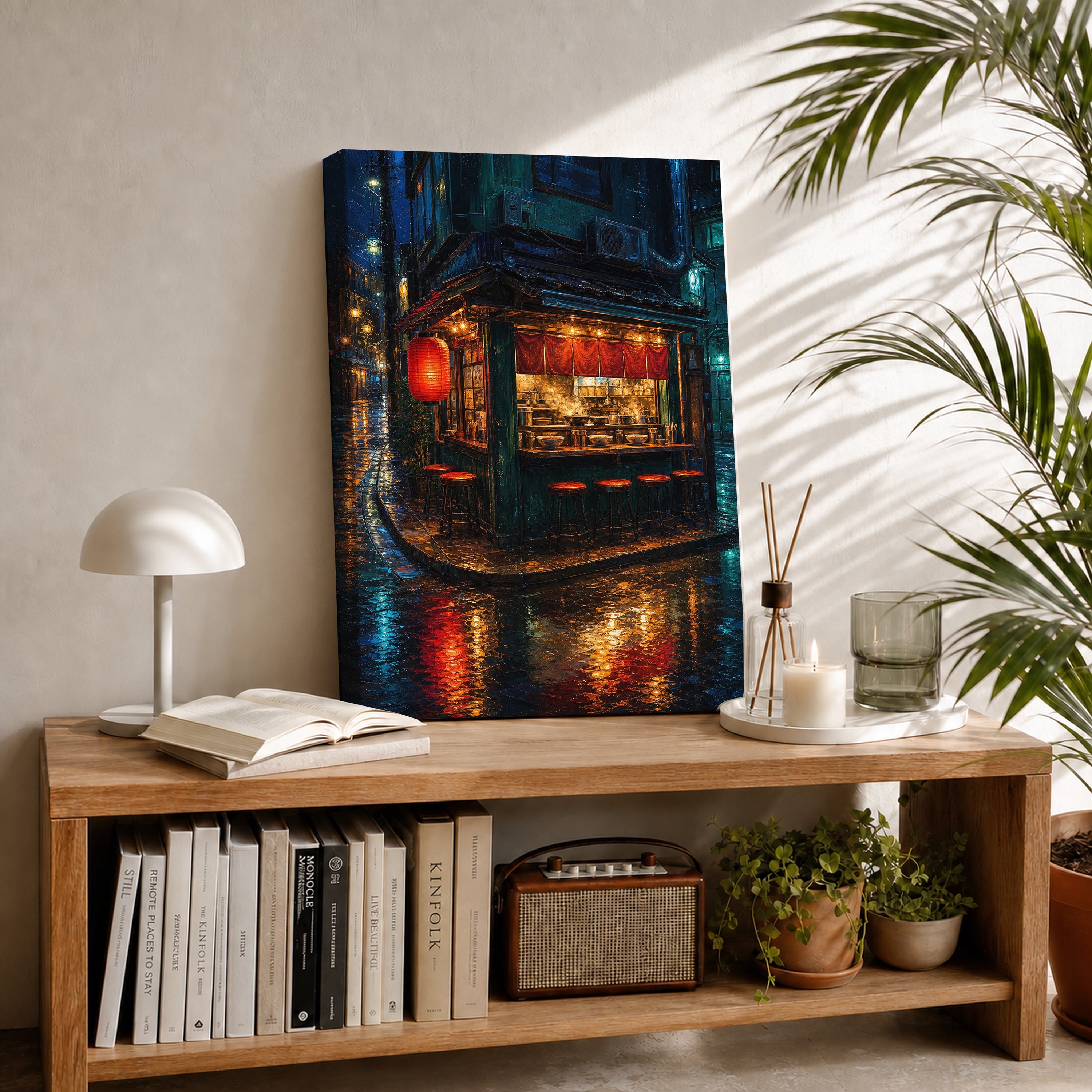 Red Lantern Night Corner Shop canvas room mockup by Seji Art