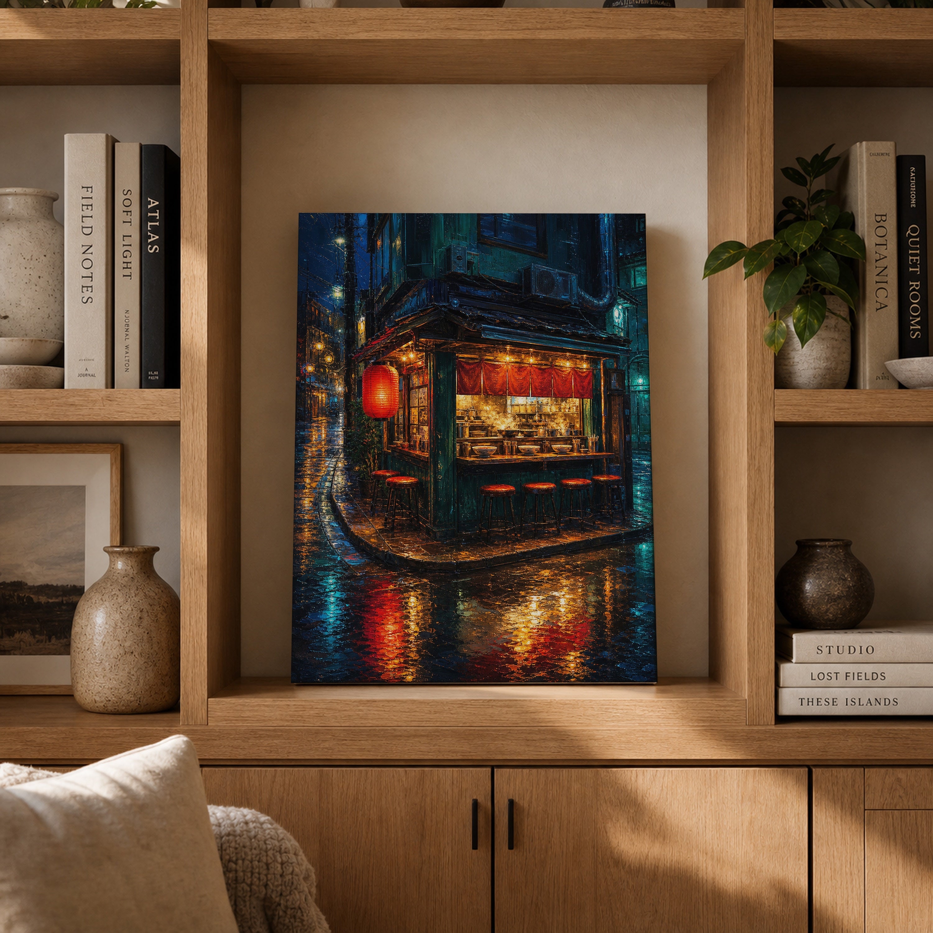 Red Lantern Night Corner Shop canvas gallery shelf mockup by Seji Art