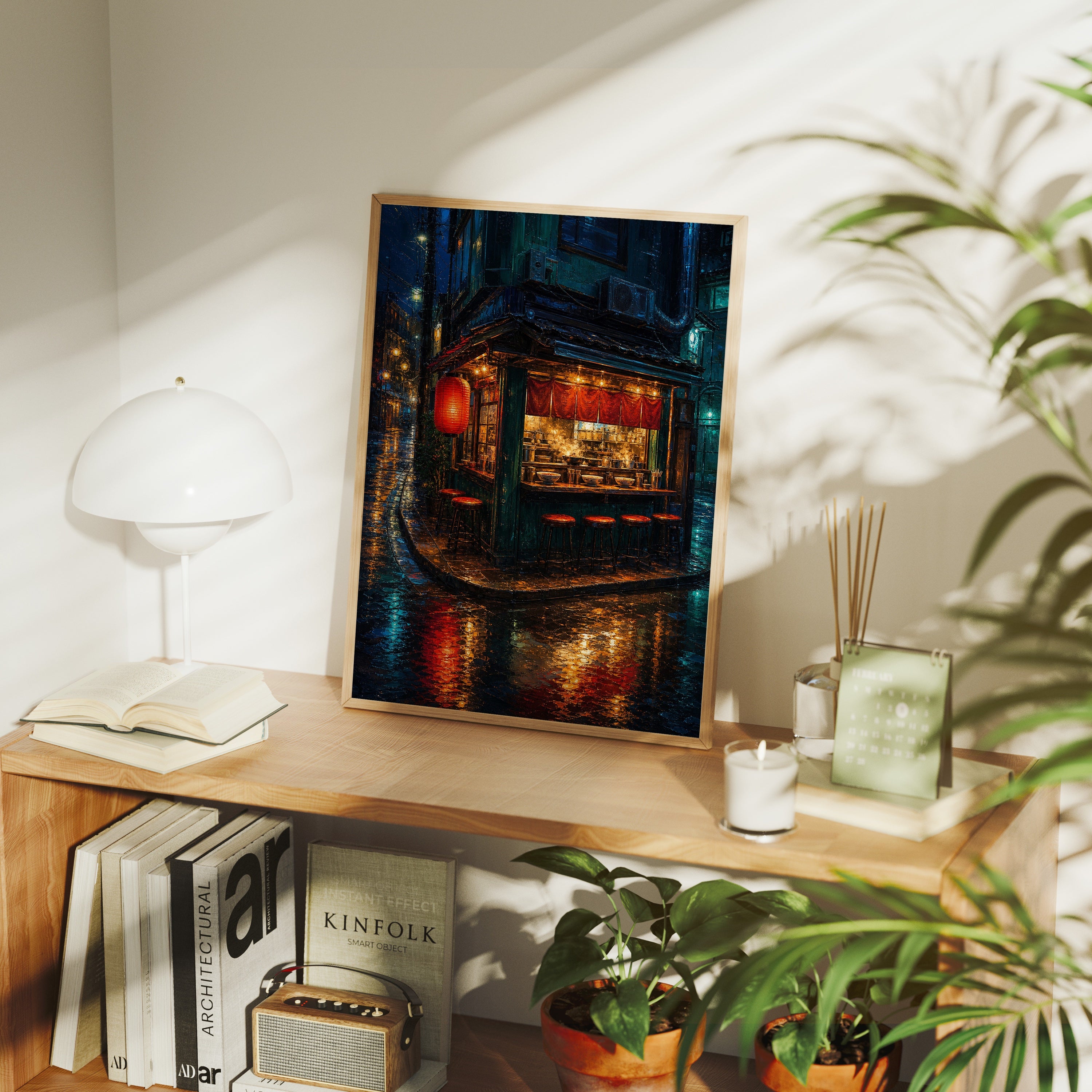 Red Lantern Night Corner Shop poster framed room mockup by Seji Art