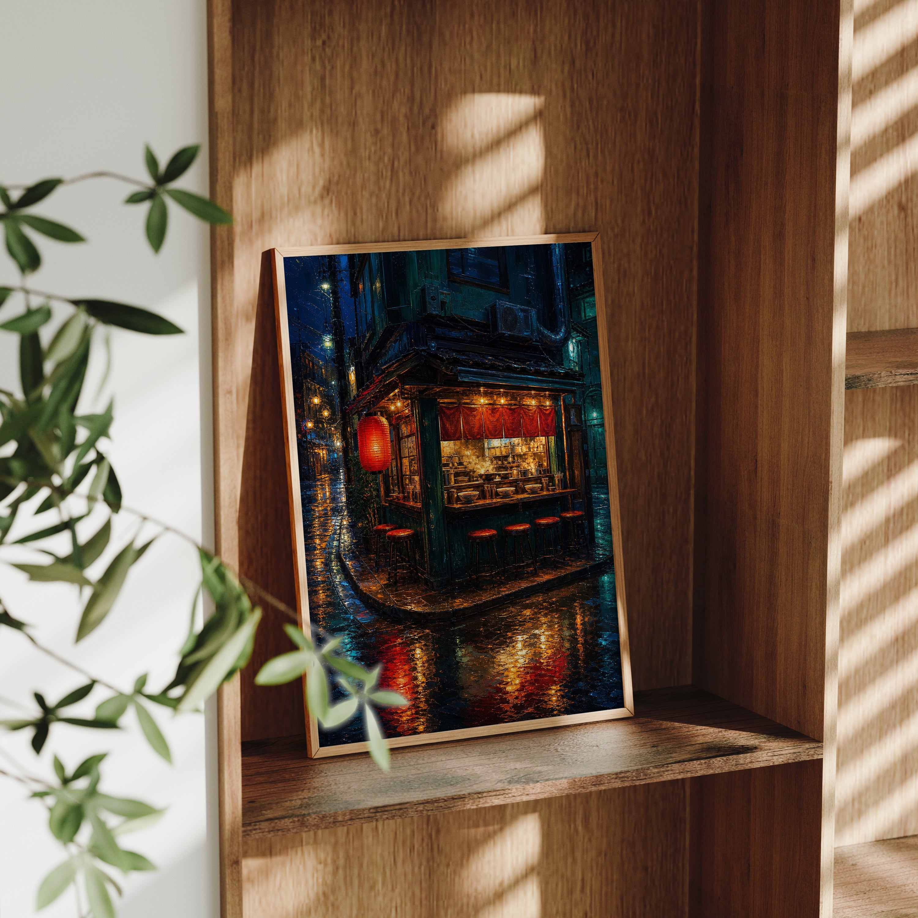 Red Lantern Night Corner Shop poster gallery shelf mockup by Seji Art