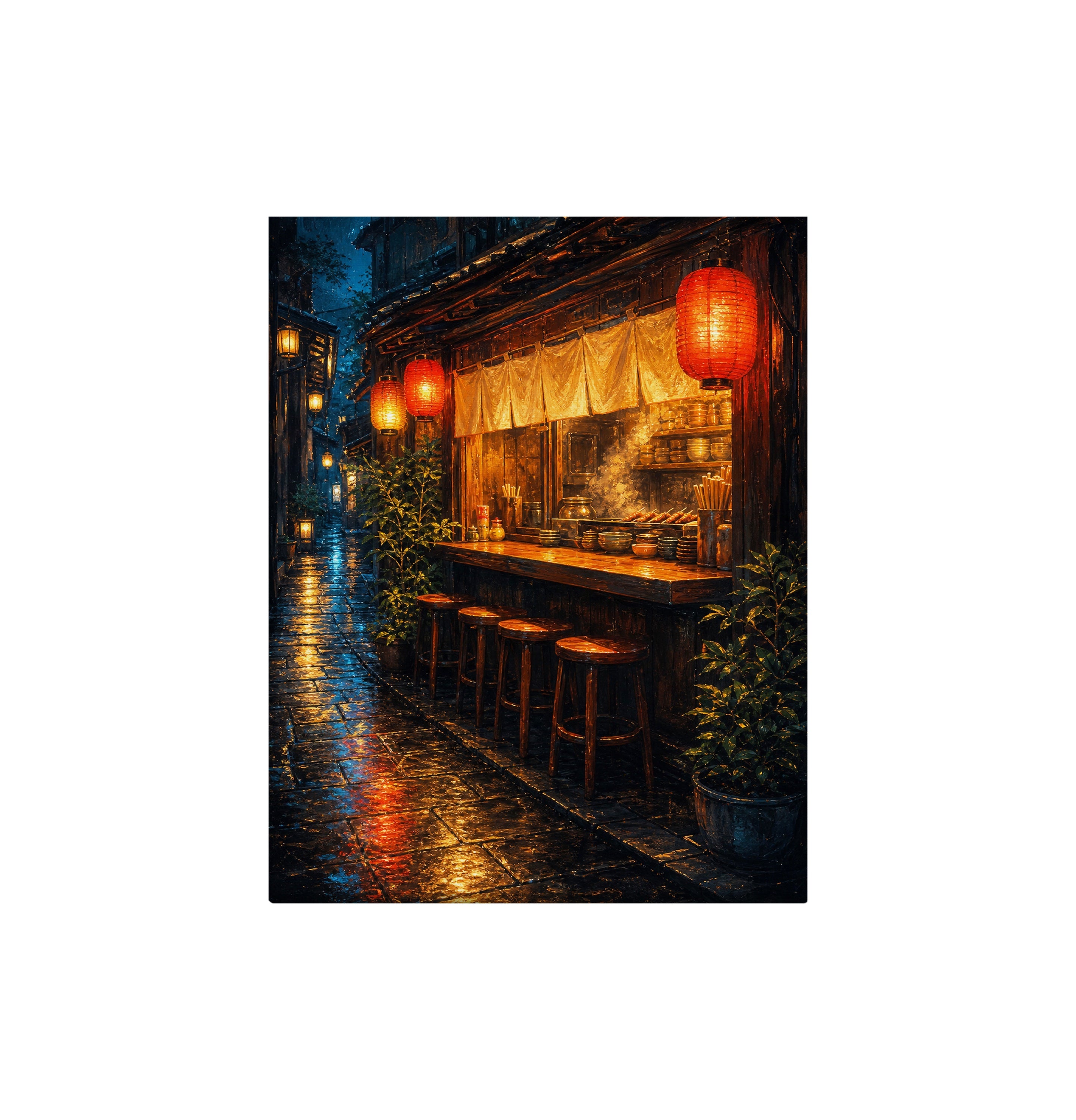 Red Lantern Rain Bar Counter canvas wall art preview by Seji Art