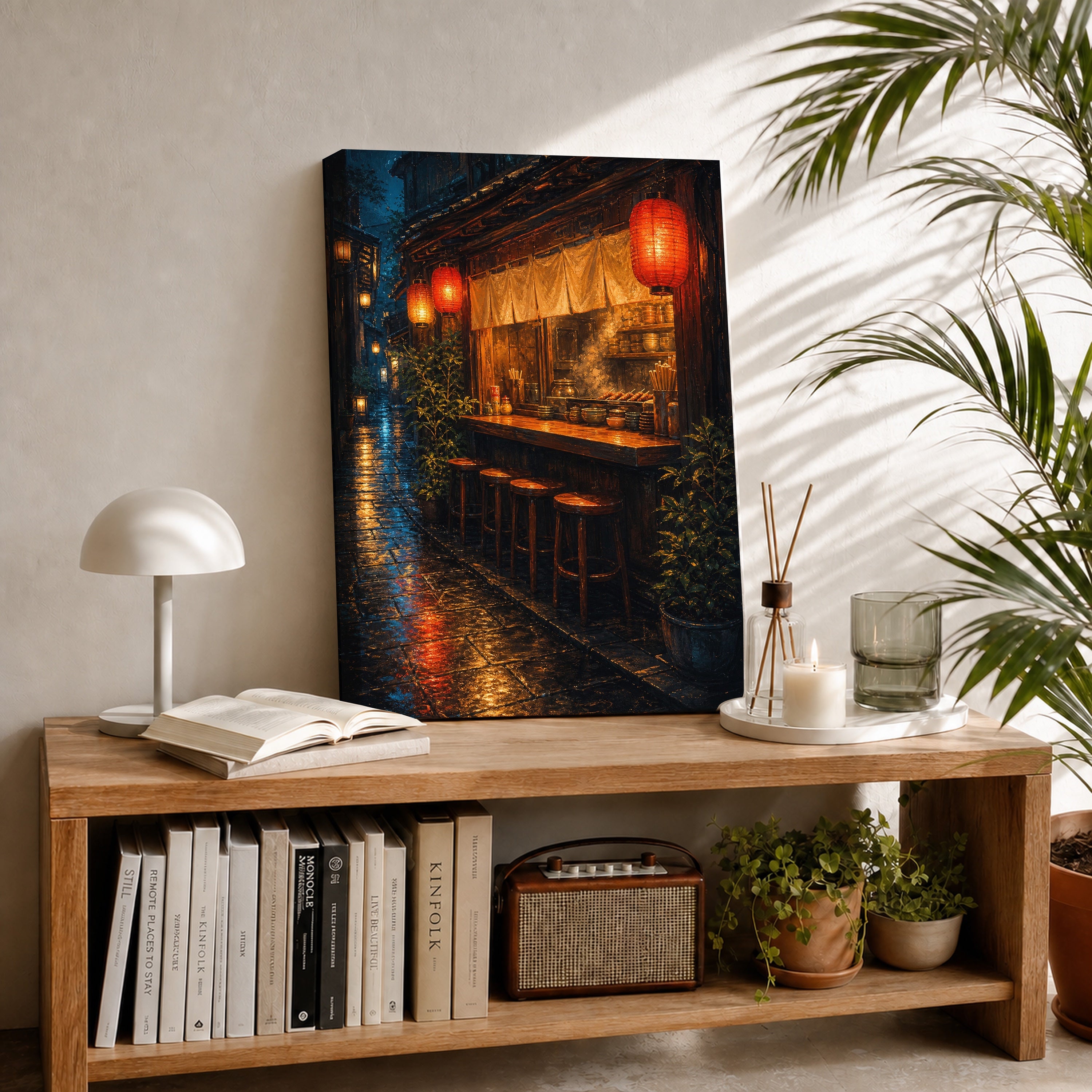 Red Lantern Rain Bar Counter canvas room mockup by Seji Art