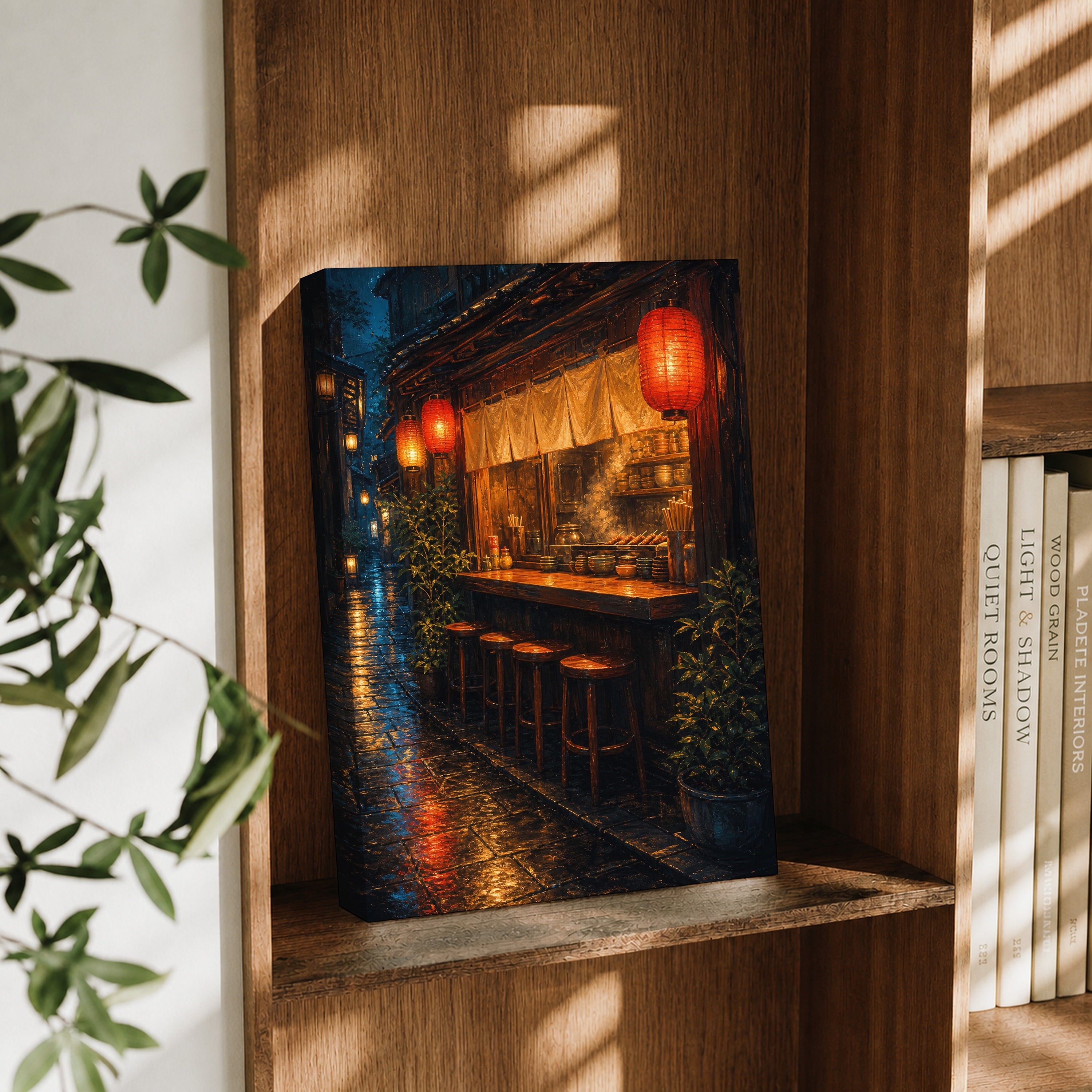 Red Lantern Rain Bar Counter canvas wall art decor mockup by Seji Art