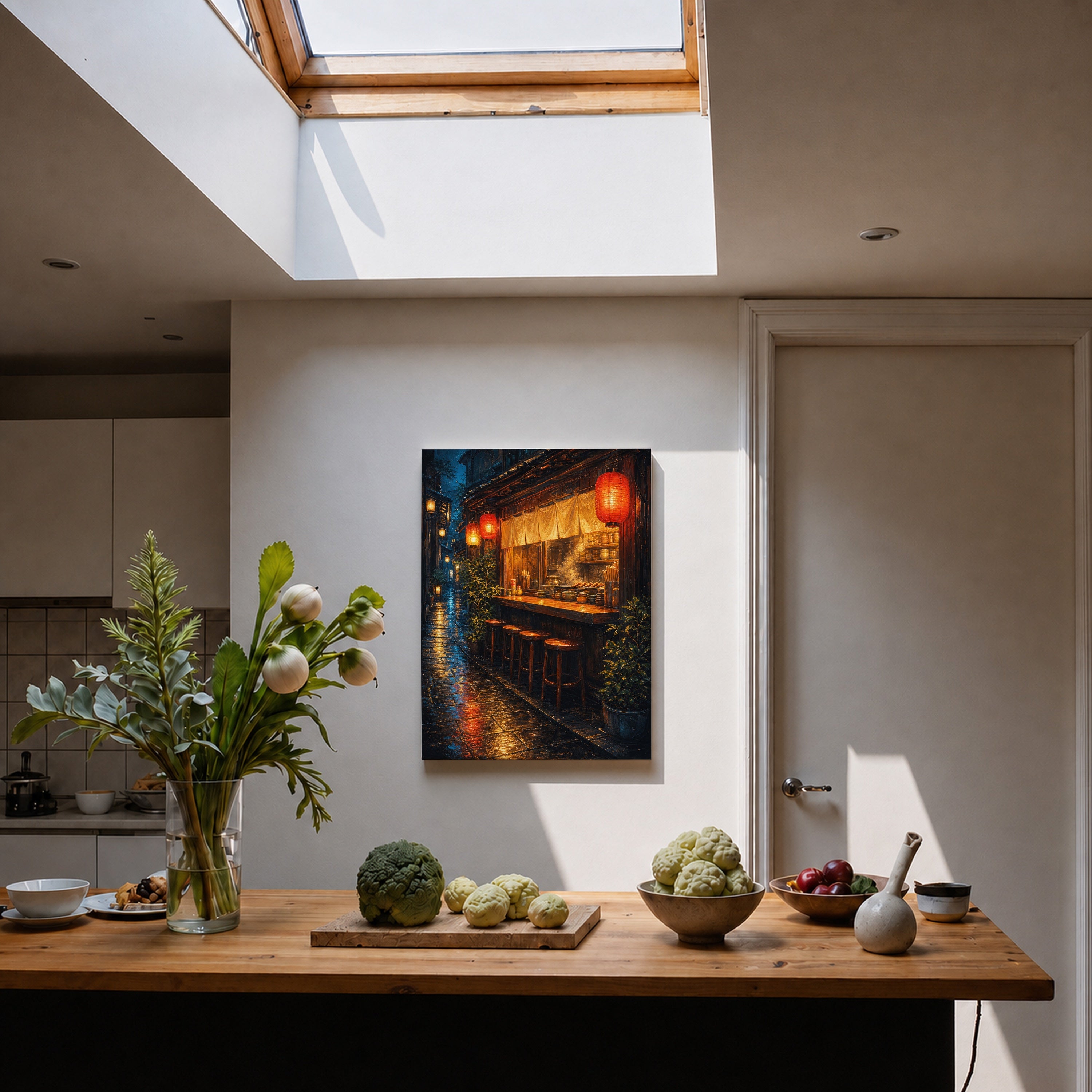 Red Lantern Rain Bar Counter canvas home decor mockup by Seji Art