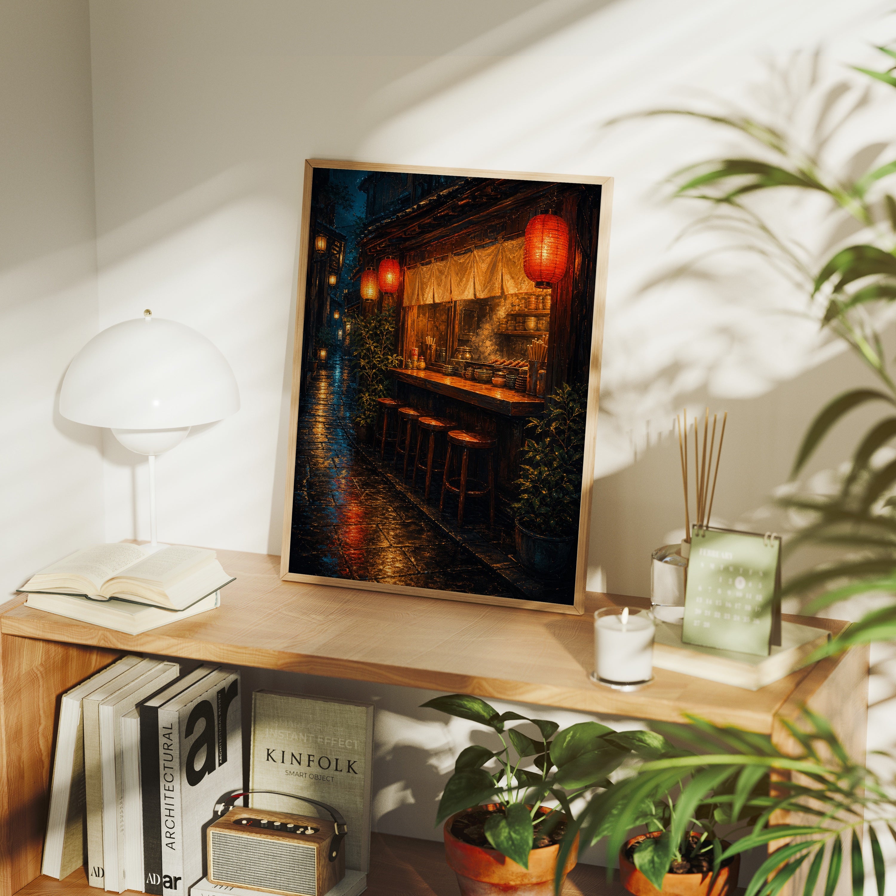 Red Lantern Rain Bar Counter poster framed room mockup by Seji Art