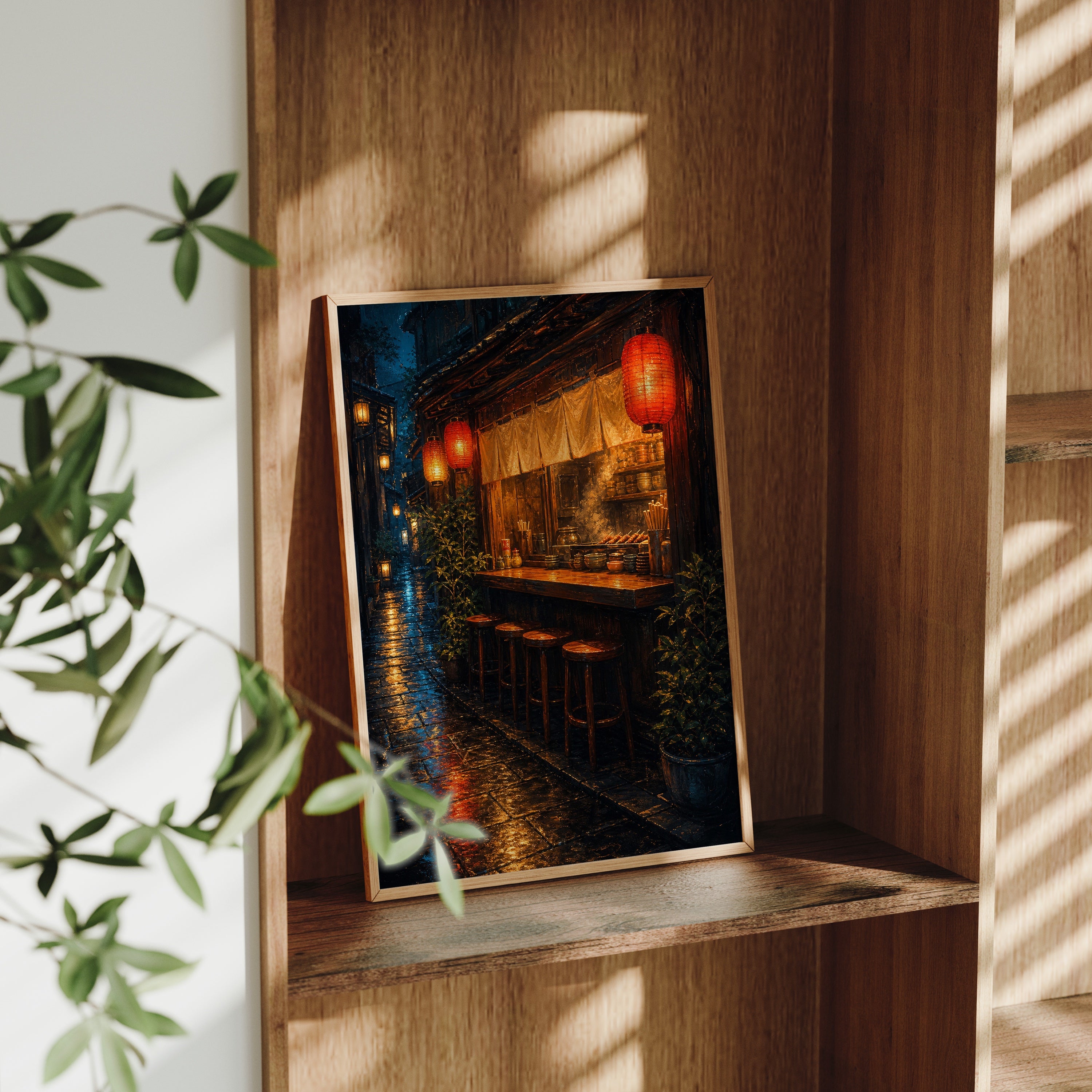 Red Lantern Rain Bar Counter poster gallery shelf mockup by Seji Art