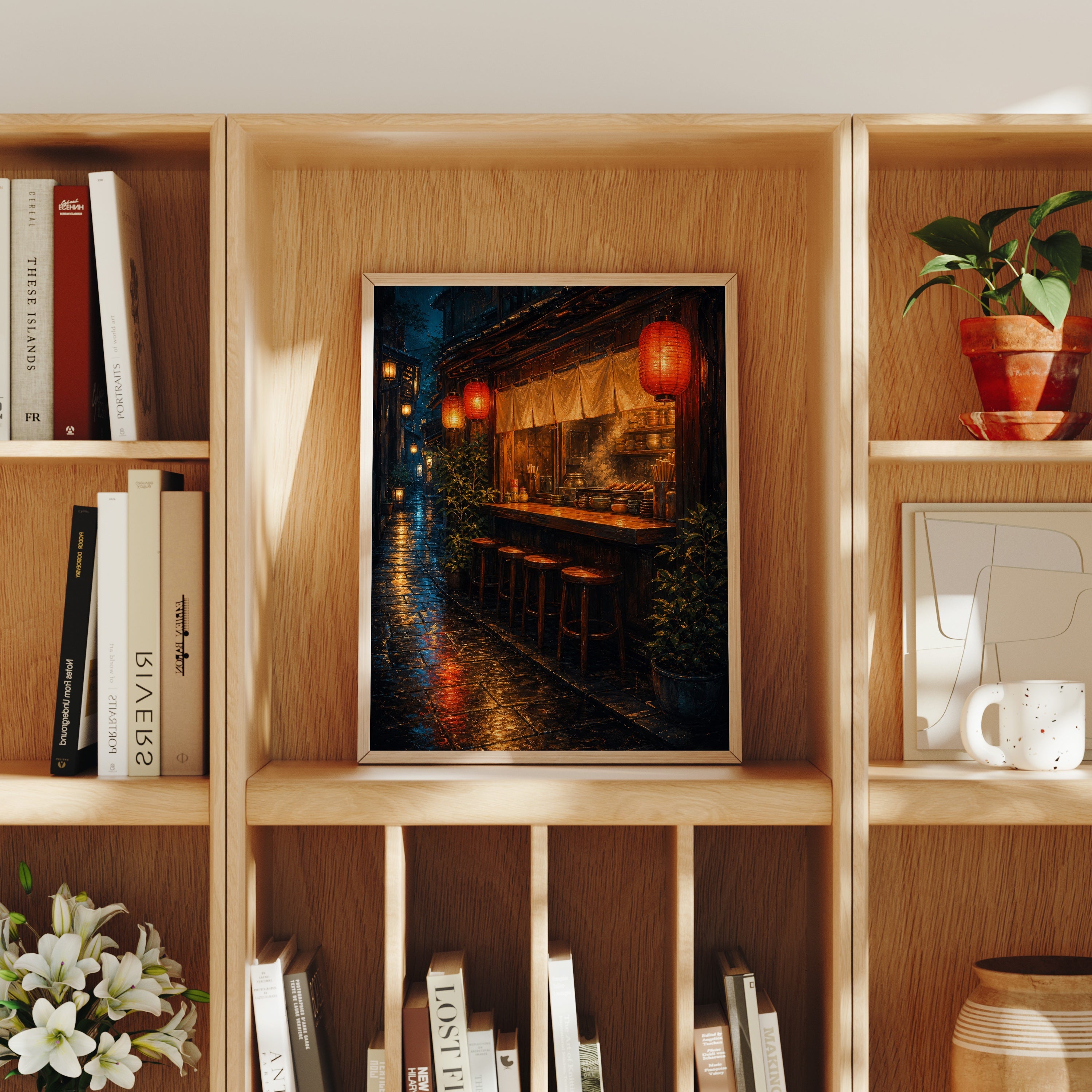 Red Lantern Rain Bar Counter poster home decor mockup by Seji Art