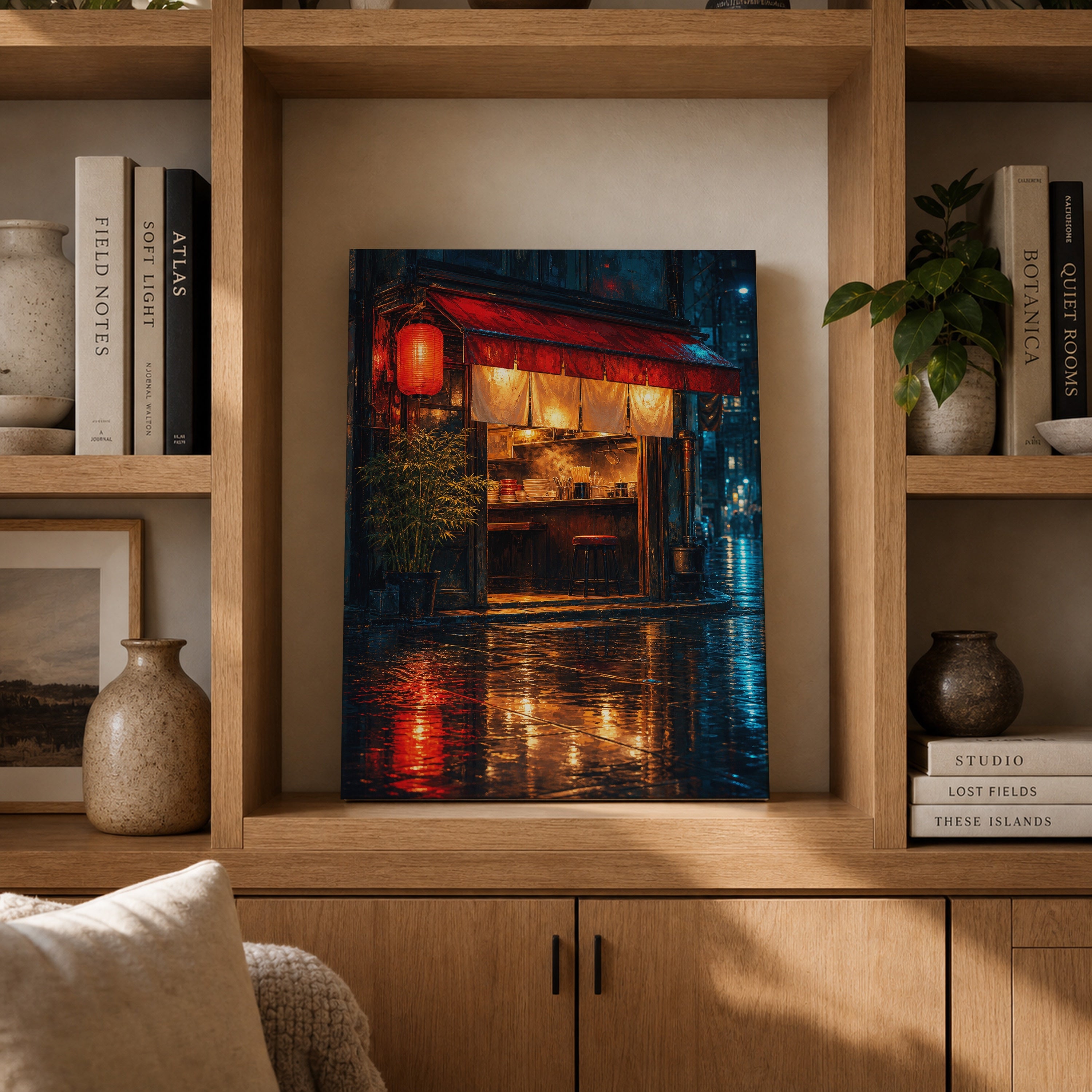 Red Lantern Rain Noodle Bar canvas gallery shelf mockup by Seji Art