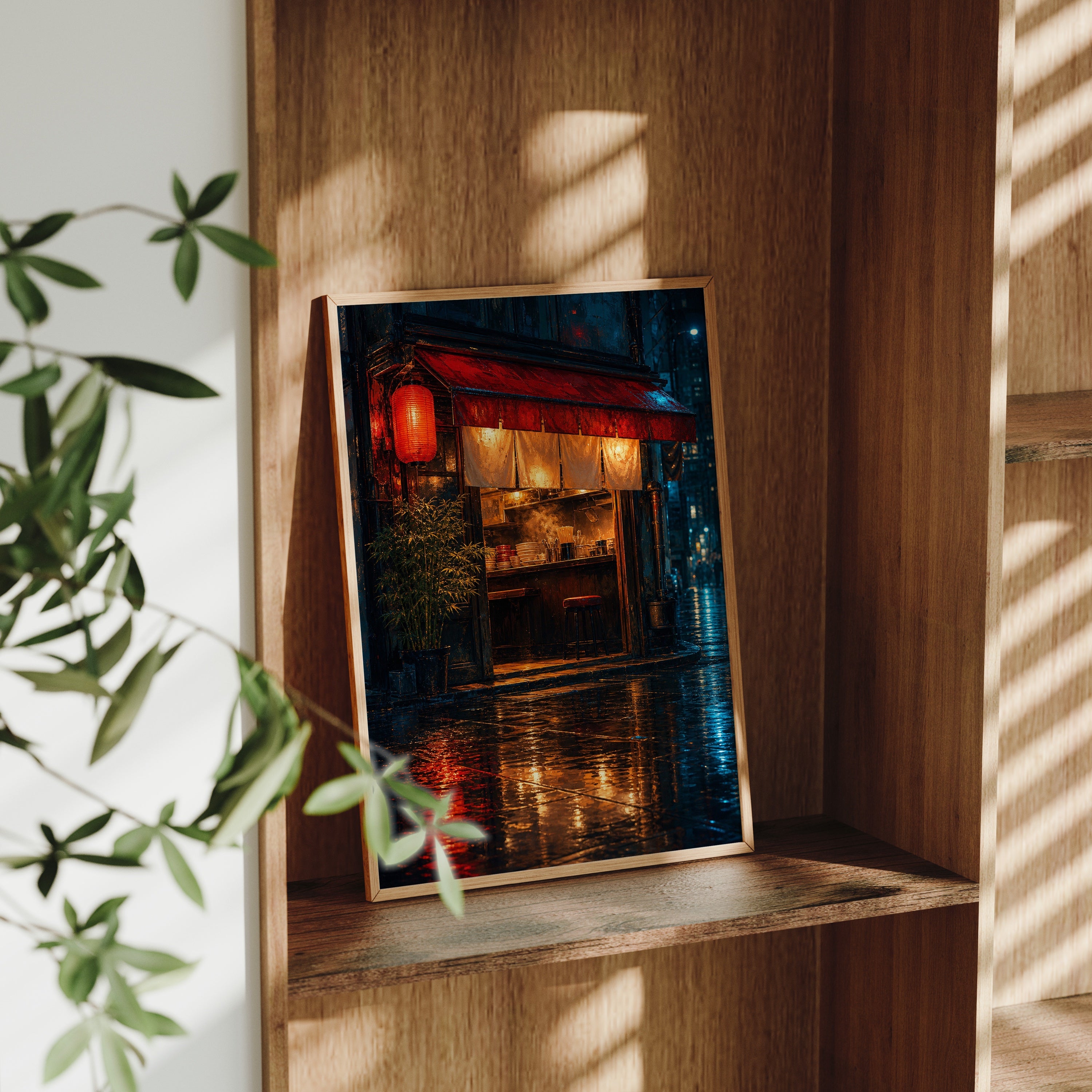 Red Lantern Rain Noodle Bar poster gallery shelf mockup by Seji Art