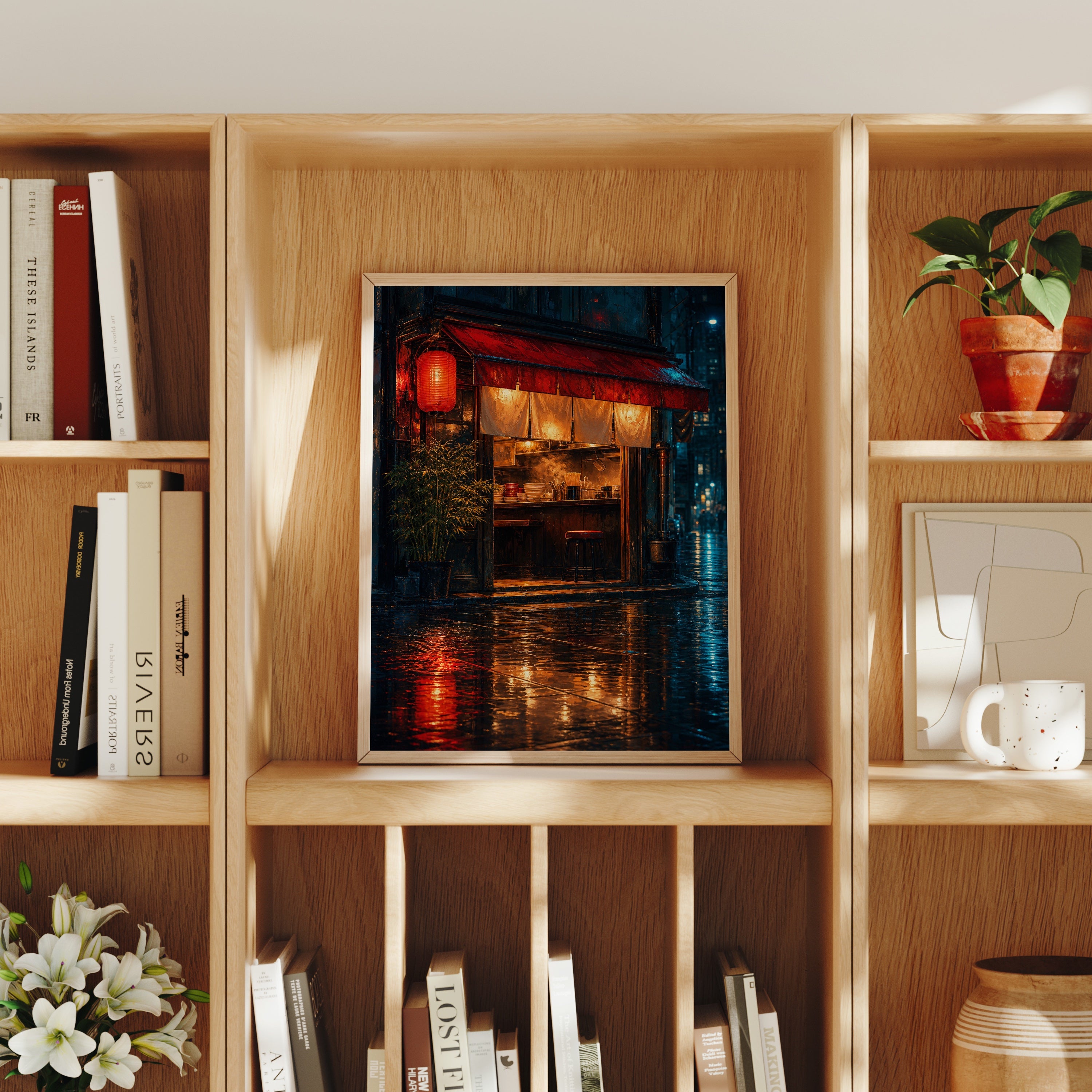 Red Lantern Rain Noodle Bar poster home decor mockup by Seji Art
