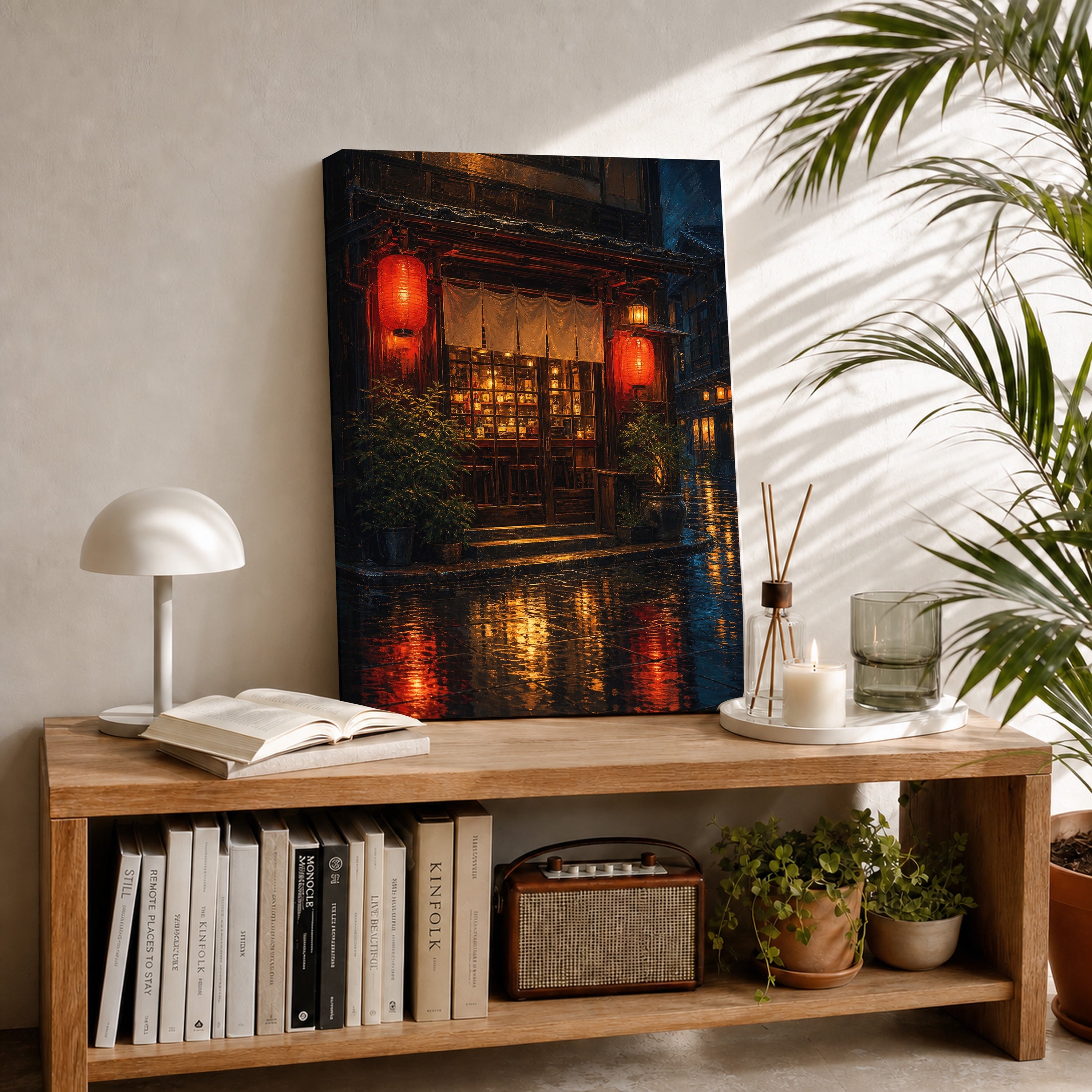 Red Lantern Rainy Noodle Shop canvas room mockup by Seji Art