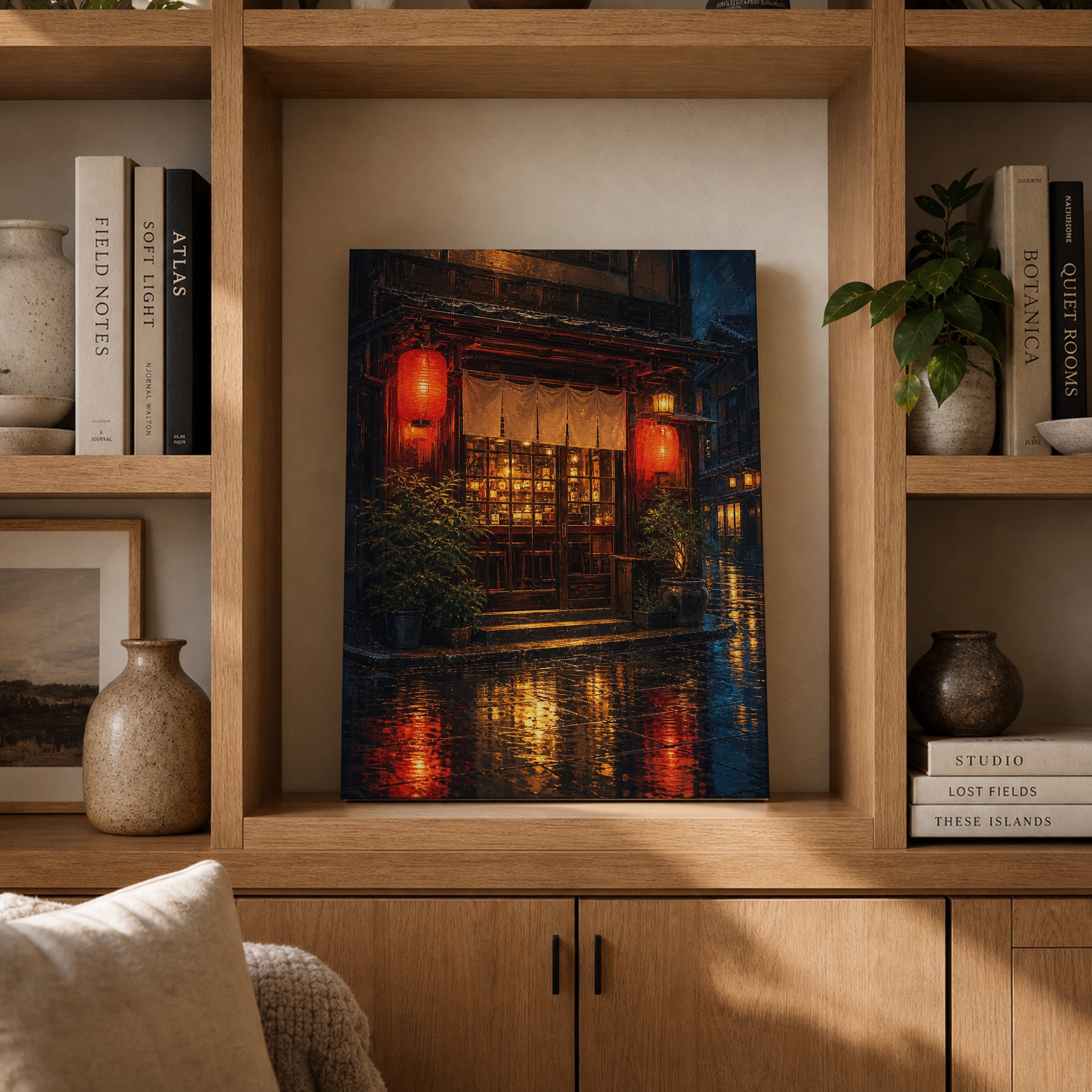 Red Lantern Rainy Noodle Shop canvas gallery shelf mockup by Seji Art