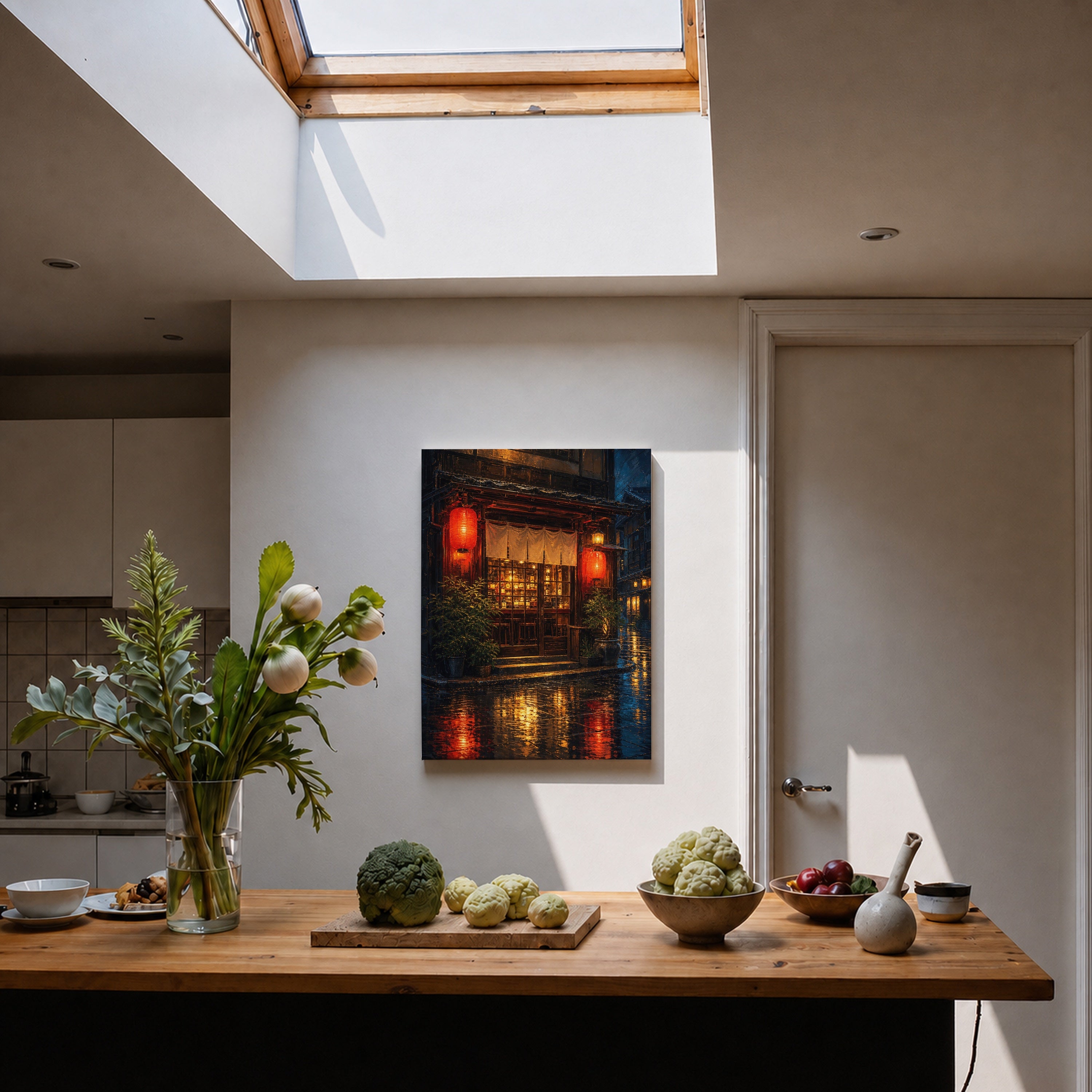 Red Lantern Rainy Noodle Shop canvas home decor mockup by Seji Art