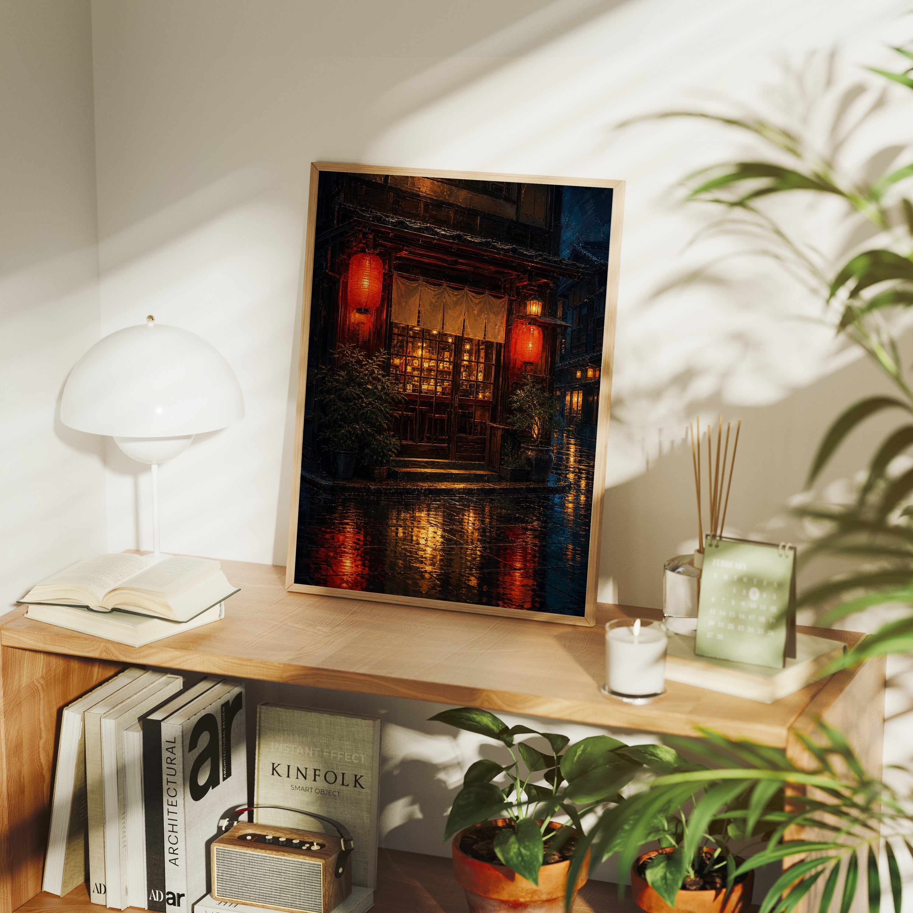 Red Lantern Rainy Noodle Shop poster framed room mockup by Seji Art
