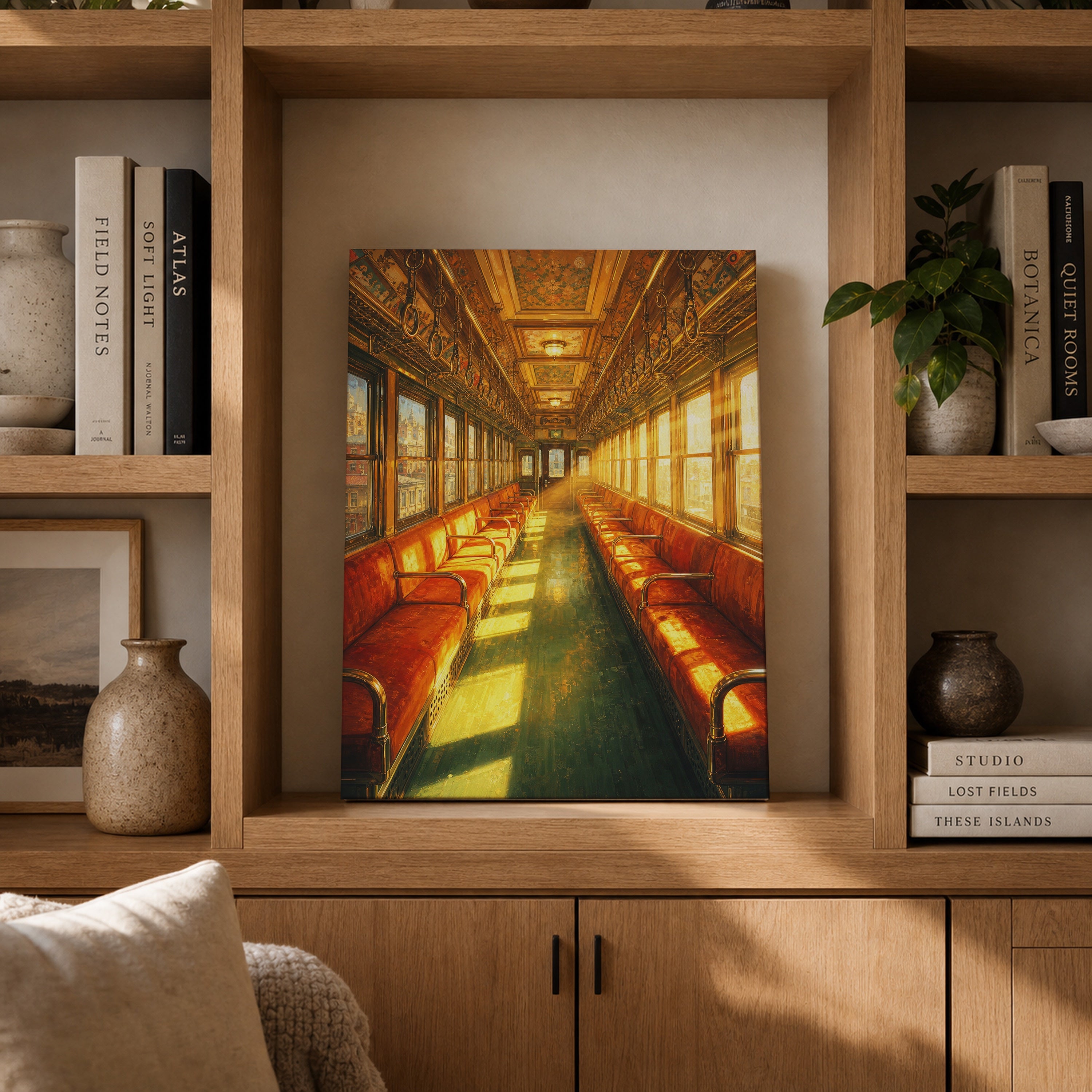 Red Velvet Vintage Train Car canvas gallery shelf mockup by Seji Art