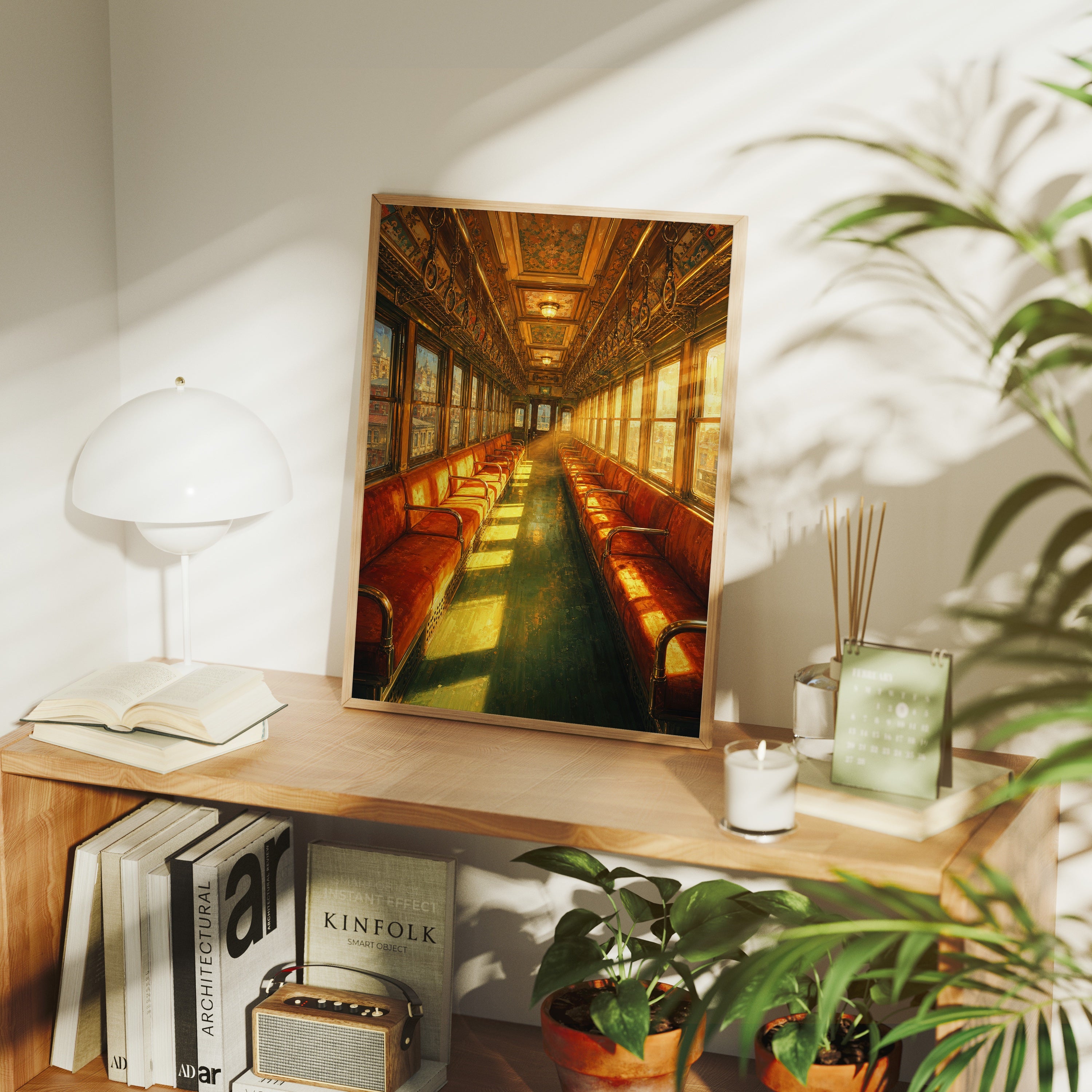 Red Velvet Vintage Train Car poster framed room mockup by Seji Art