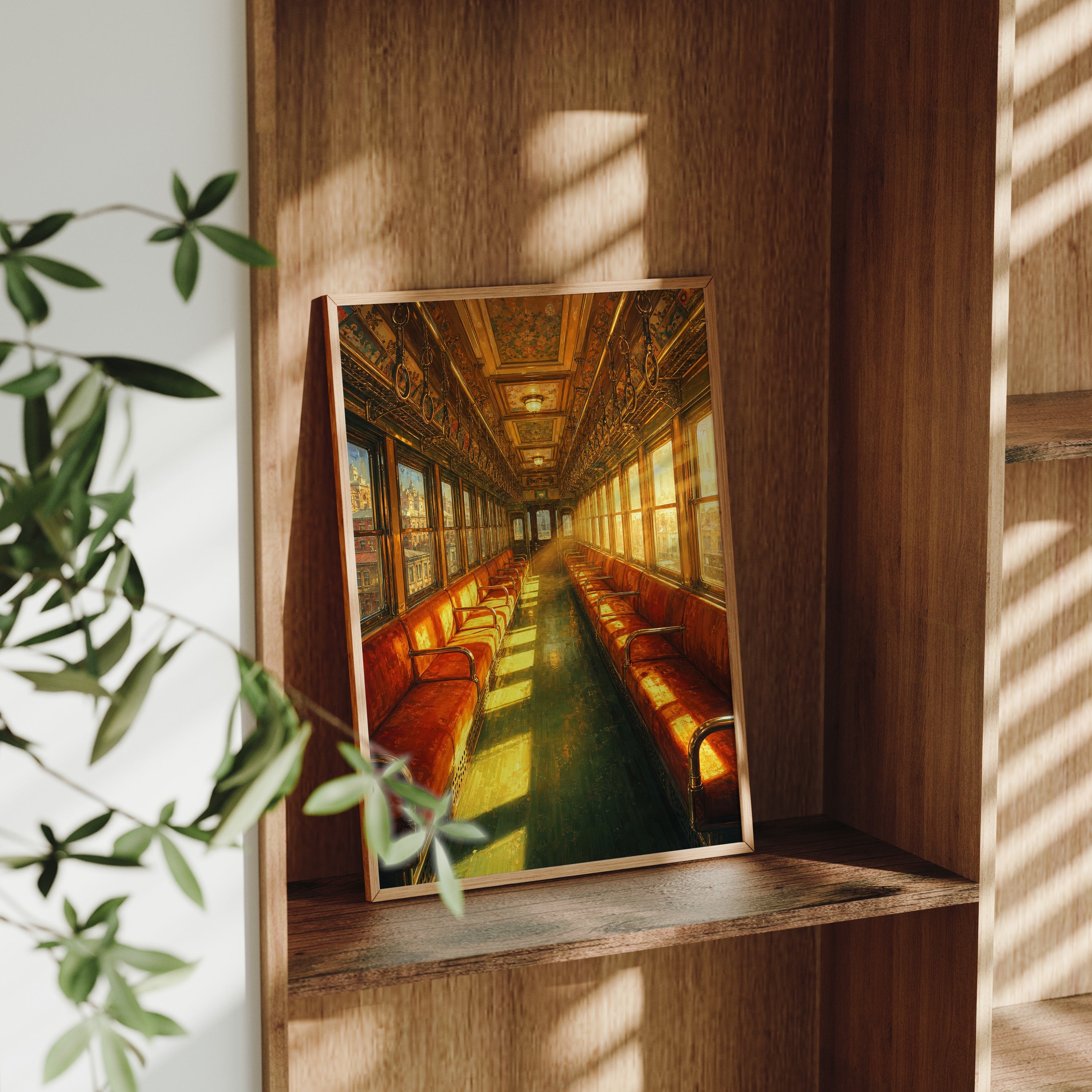 Red Velvet Vintage Train Car poster gallery shelf mockup by Seji Art