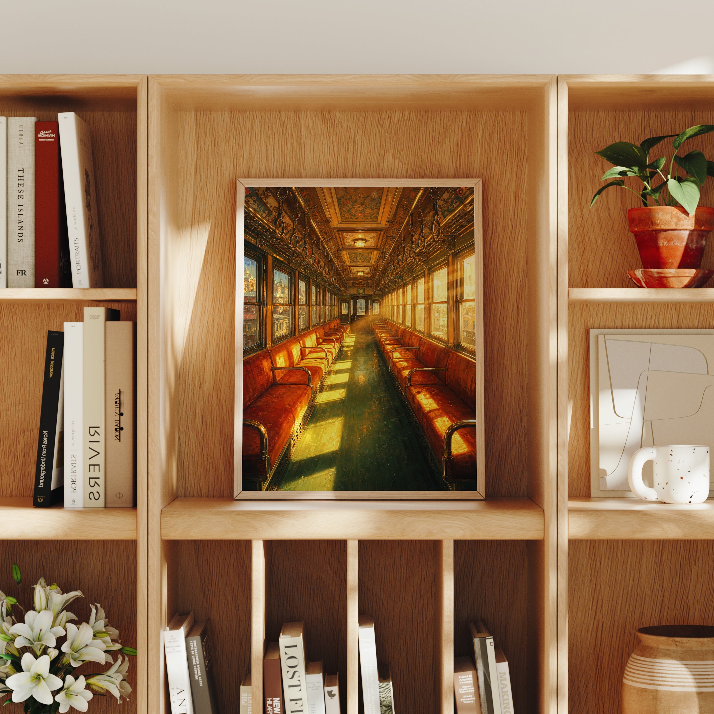 Red Velvet Vintage Train Car poster home decor mockup by Seji Art