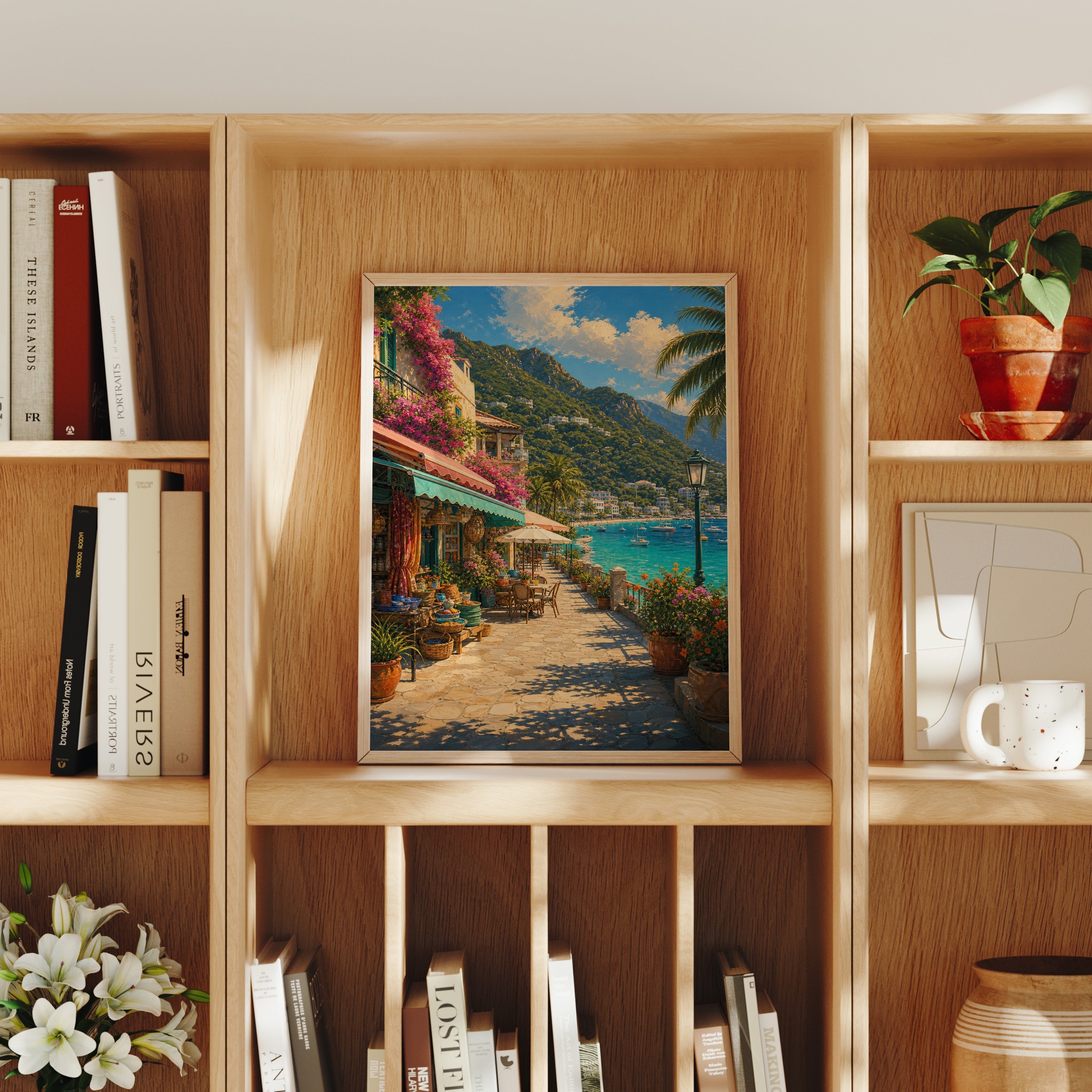 Riviera Flower Promenade poster home decor mockup by Seji Art