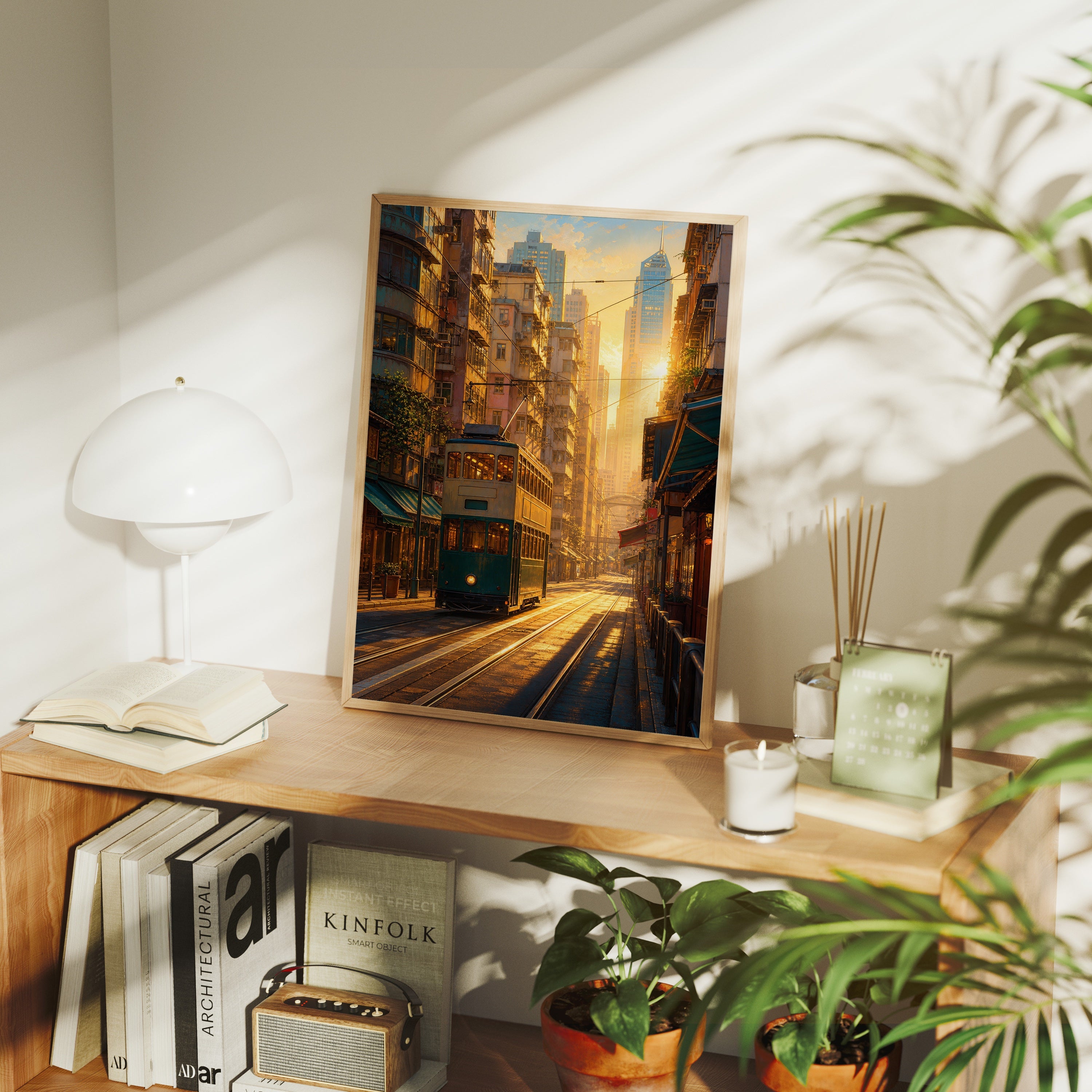 San Francisco Cable Car Sunset poster framed room mockup by Seji Art