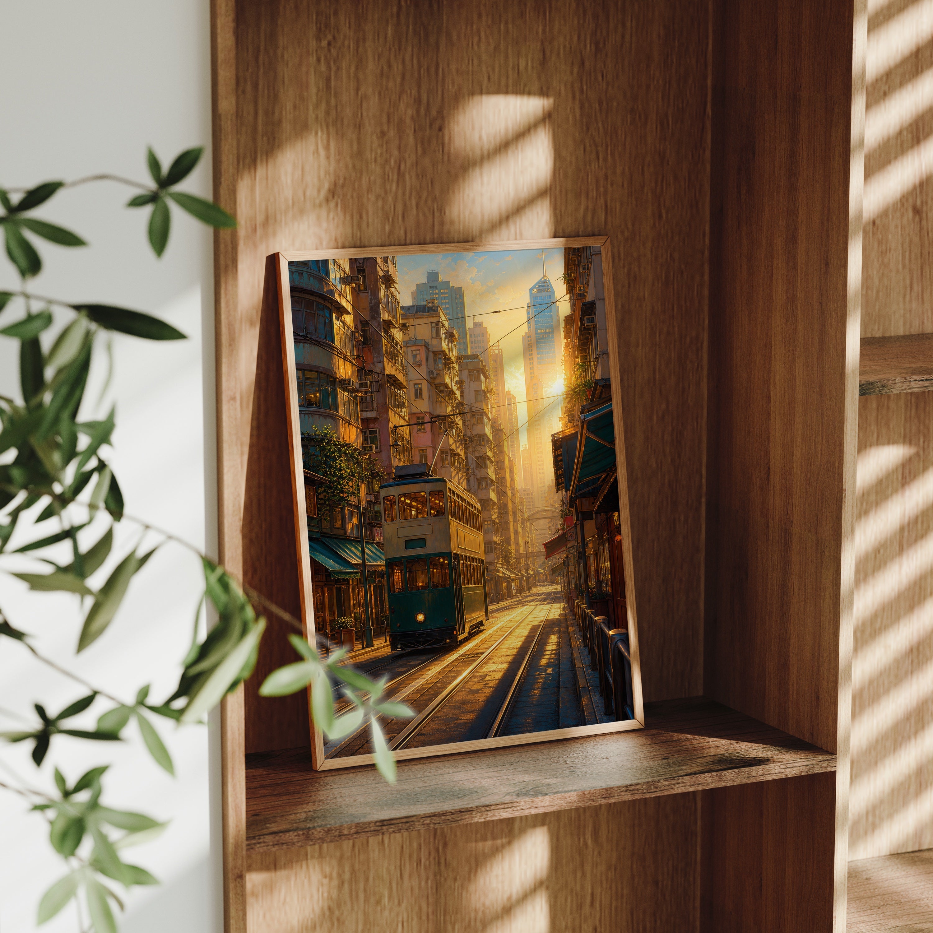 San Francisco Cable Car Sunset poster gallery shelf mockup by Seji Art