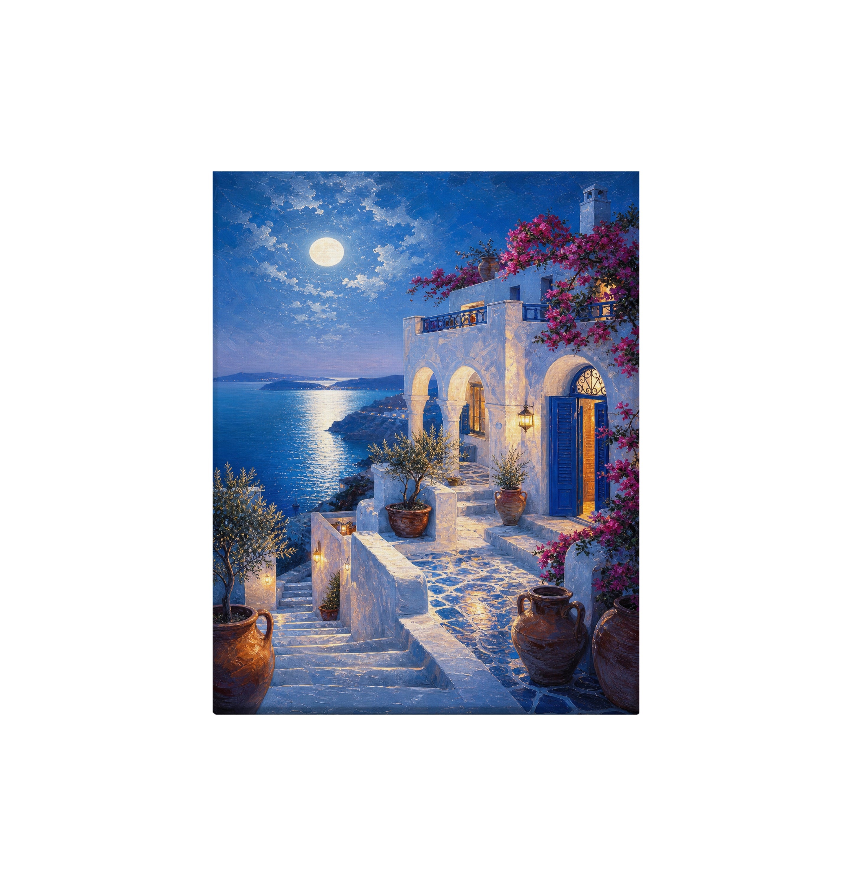 Santorini Moonlit Stairway canvas wall art preview by Seji Art
