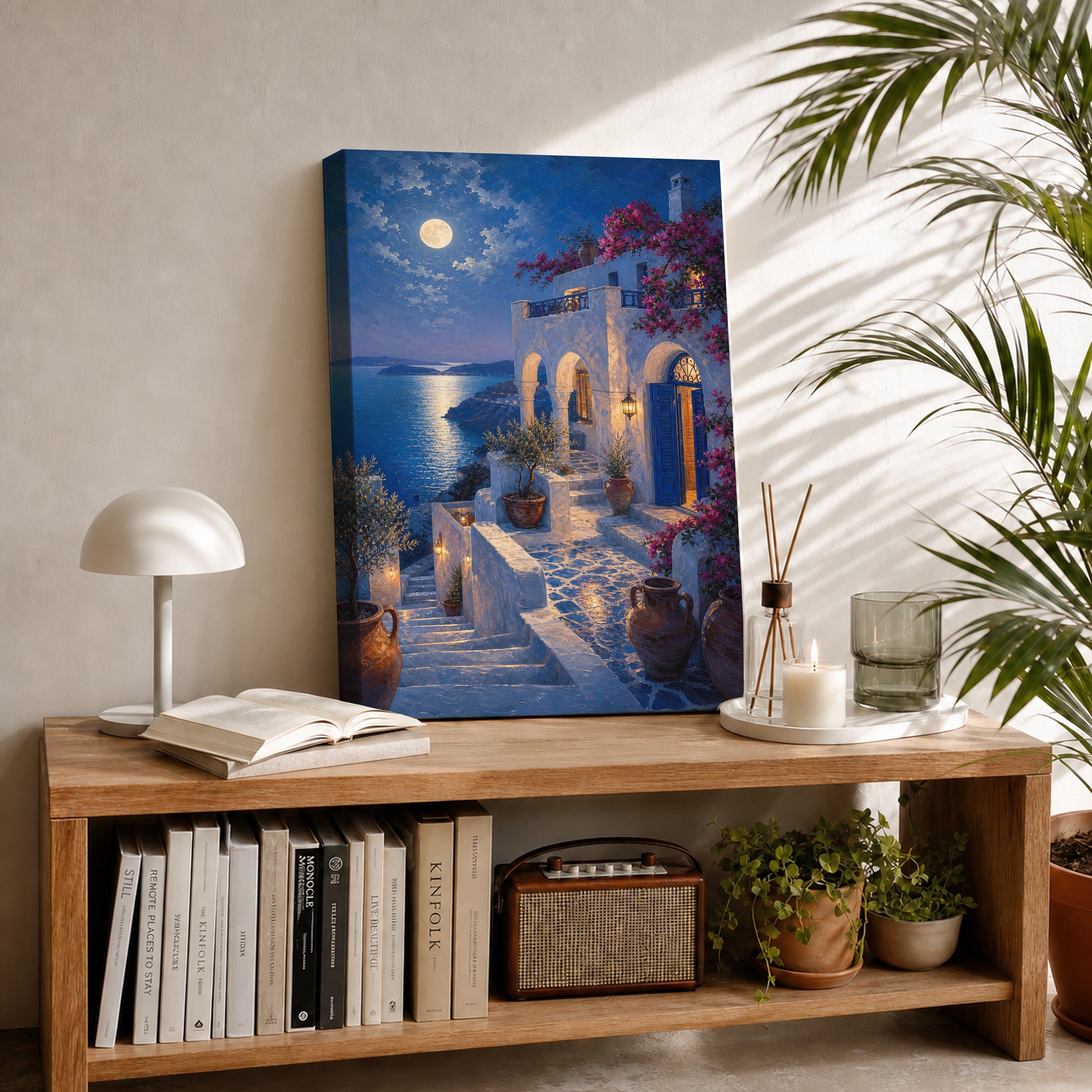 Santorini Moonlit Stairway canvas room mockup by Seji Art