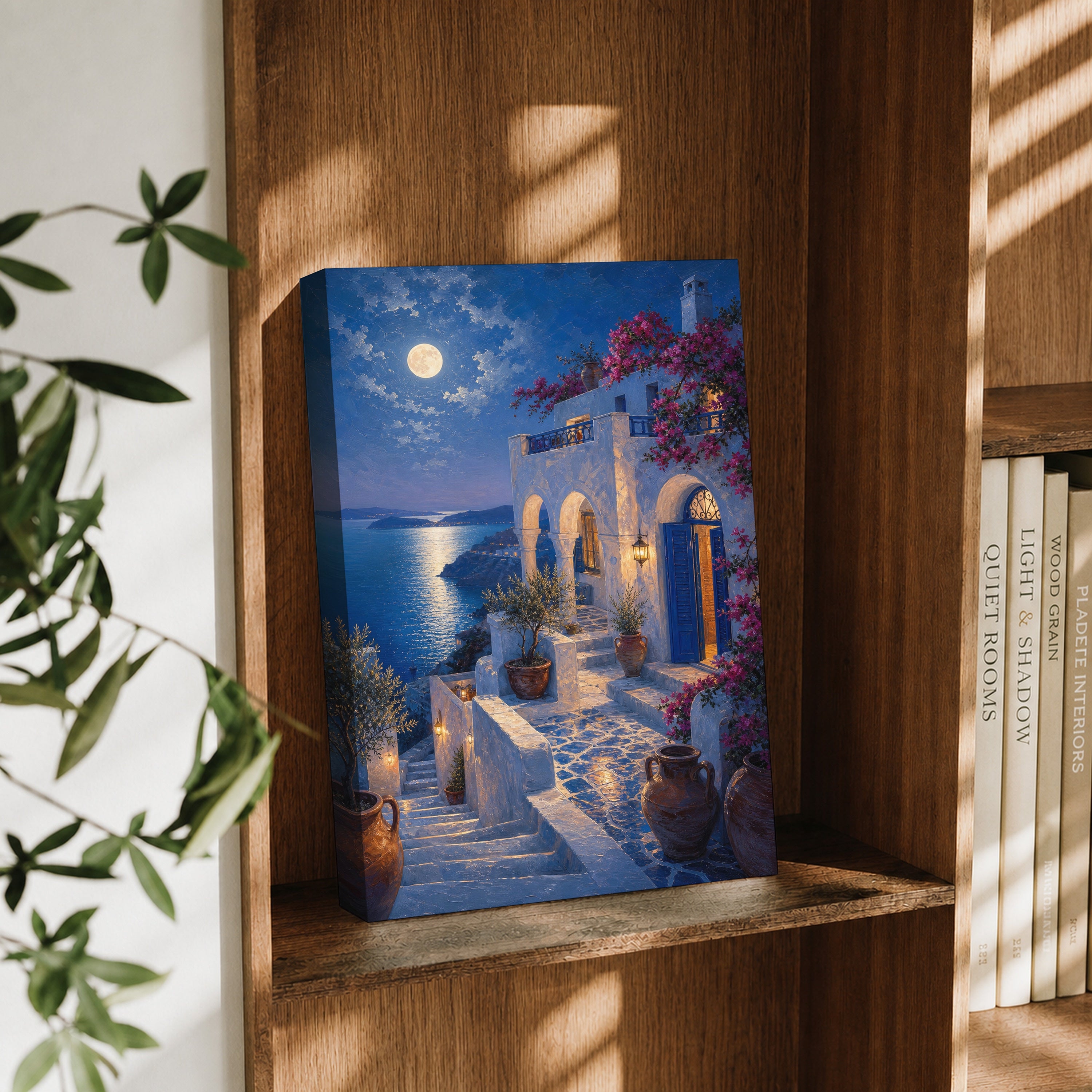 Santorini Moonlit Stairway canvas wall art decor mockup by Seji Art