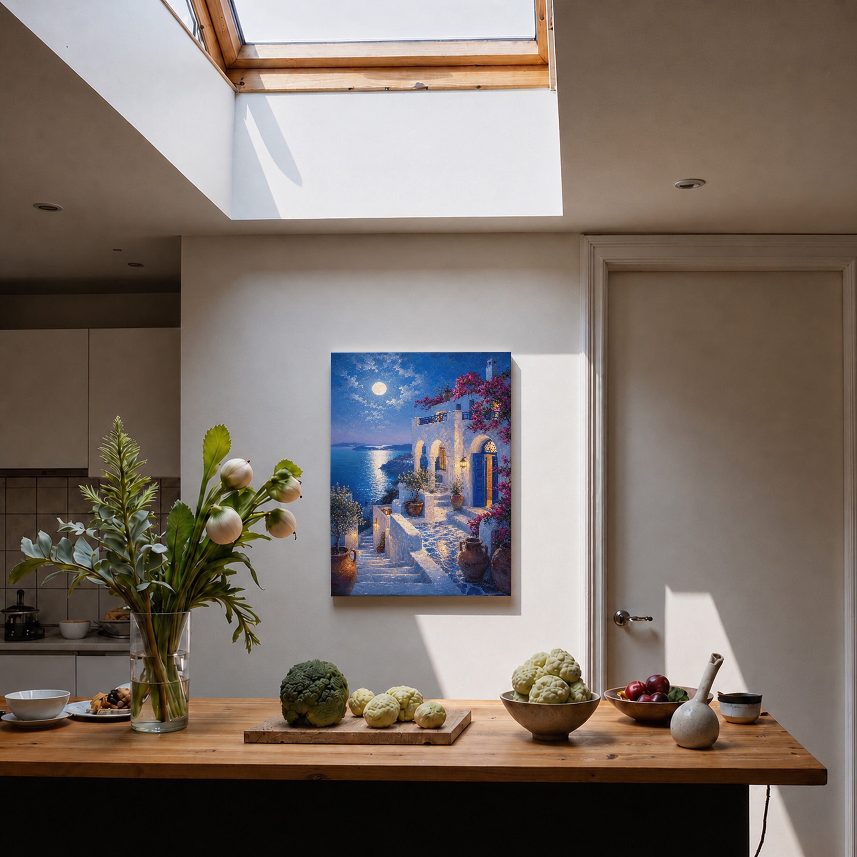 Santorini Moonlit Stairway canvas home decor mockup by Seji Art
