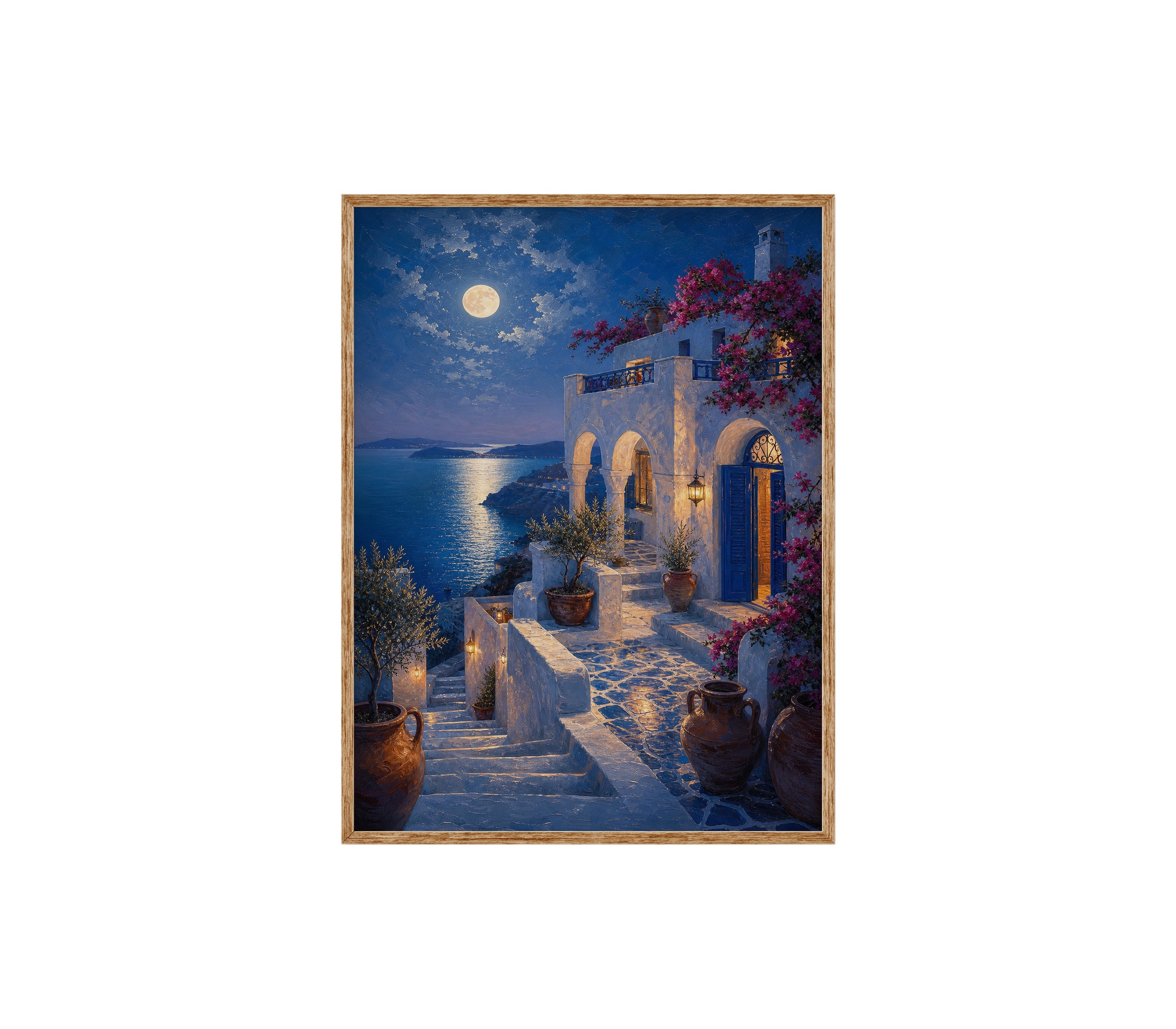 Santorini Moonlit Stairway poster print preview by Seji Art